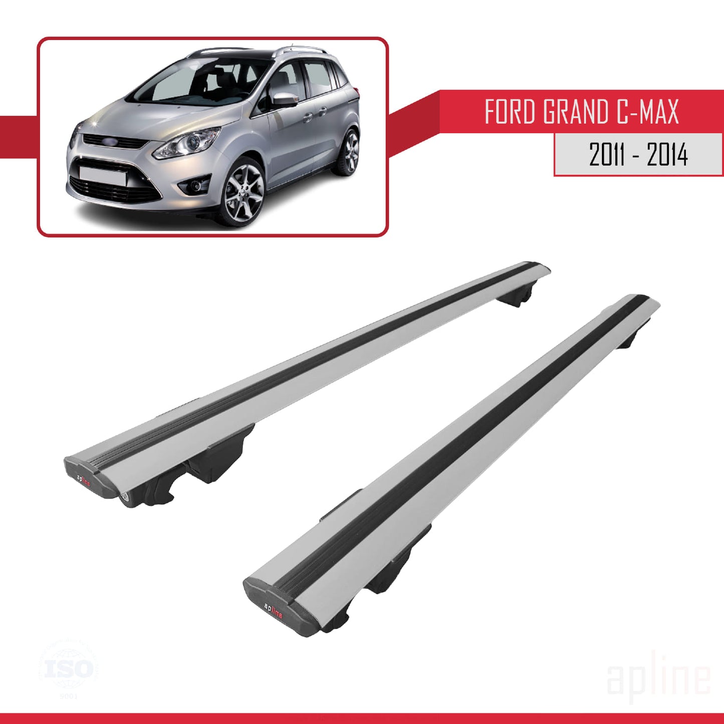 Compatible with Ford Grand C-Max (C344) Pre-Facelift 2011-2014 HOOK Model Car Roof Rack Cross Bar Grey Aluminium 2 Bars