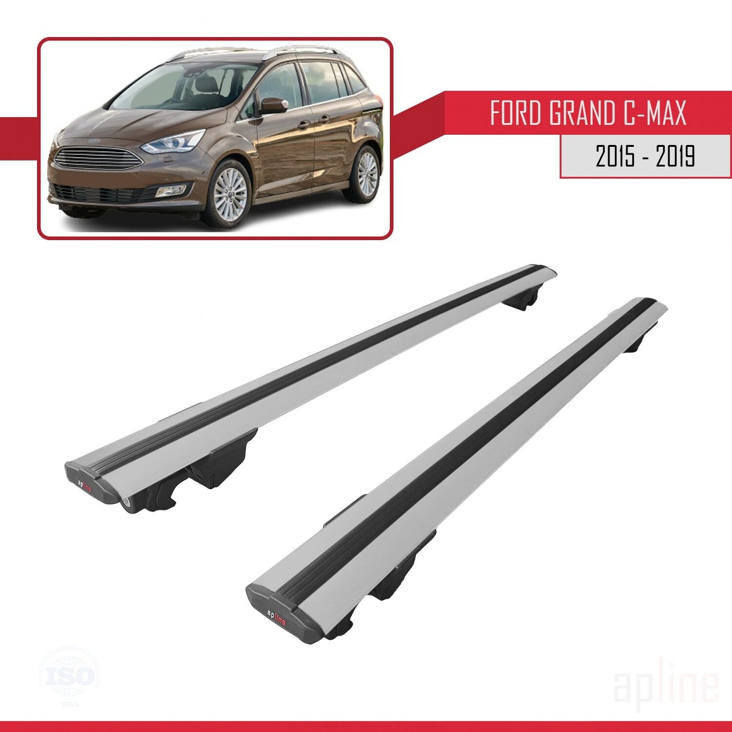 Compatible with Ford Grand C-Max (C344) Post-Facelift 2015-2019 HOOK Model Car Roof Rack Cross Bar Grey Aluminium 2 Bars