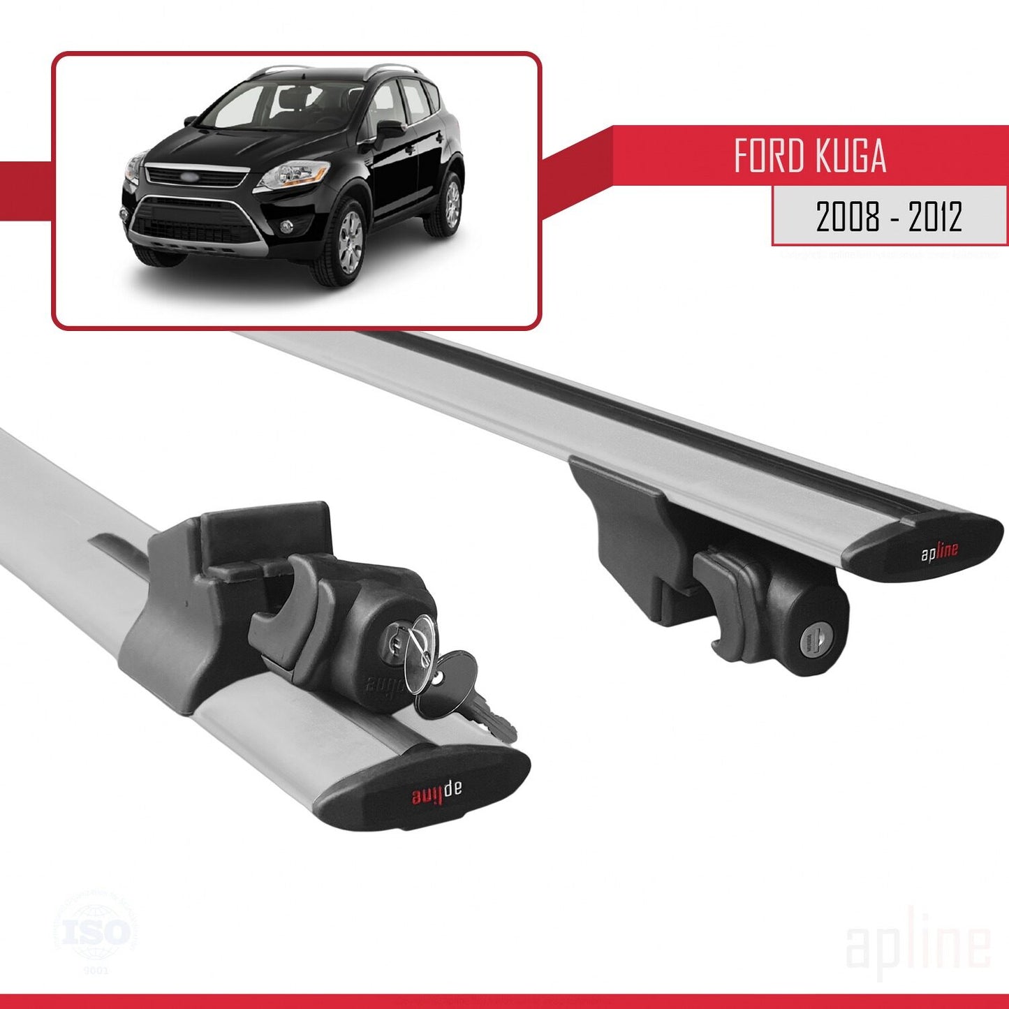 Compatible with Ford Kuga (C394) 2008-2012 HOOK Model Car Roof Rack Cross Bar Grey Aluminium 2 Bars