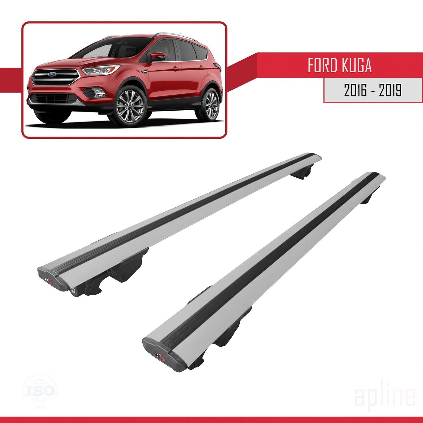 Compatible with Ford Kuga 2 (C520) Post-Facelift 2016-2019 HOOK Model Car Roof Rack Cross Bar Grey Aluminium 2 Bars