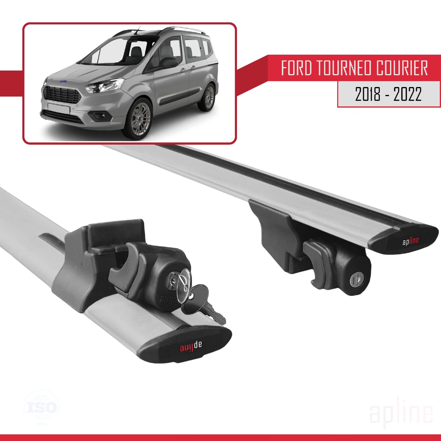 Compatible with Ford Transit/Tourneo Courier Post-Facelift 2018-2022 HOOK Model Car Roof Rack Cross Bar Grey Aluminium 2 Bars