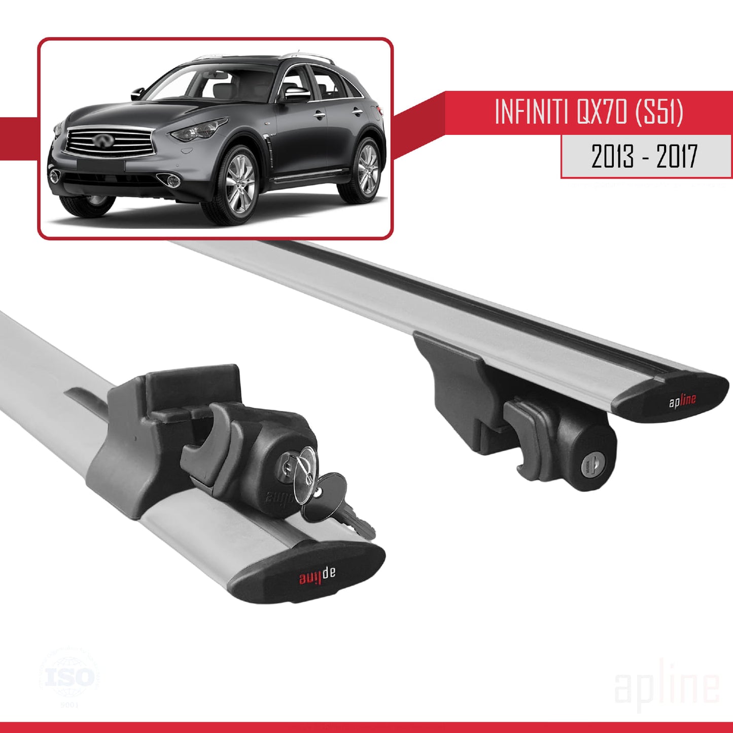 Compatible with Infiniti QX70 (S51) 2013-2017 HOOK Model Car Roof Rack Cross Bar Grey Aluminium 2 Bars