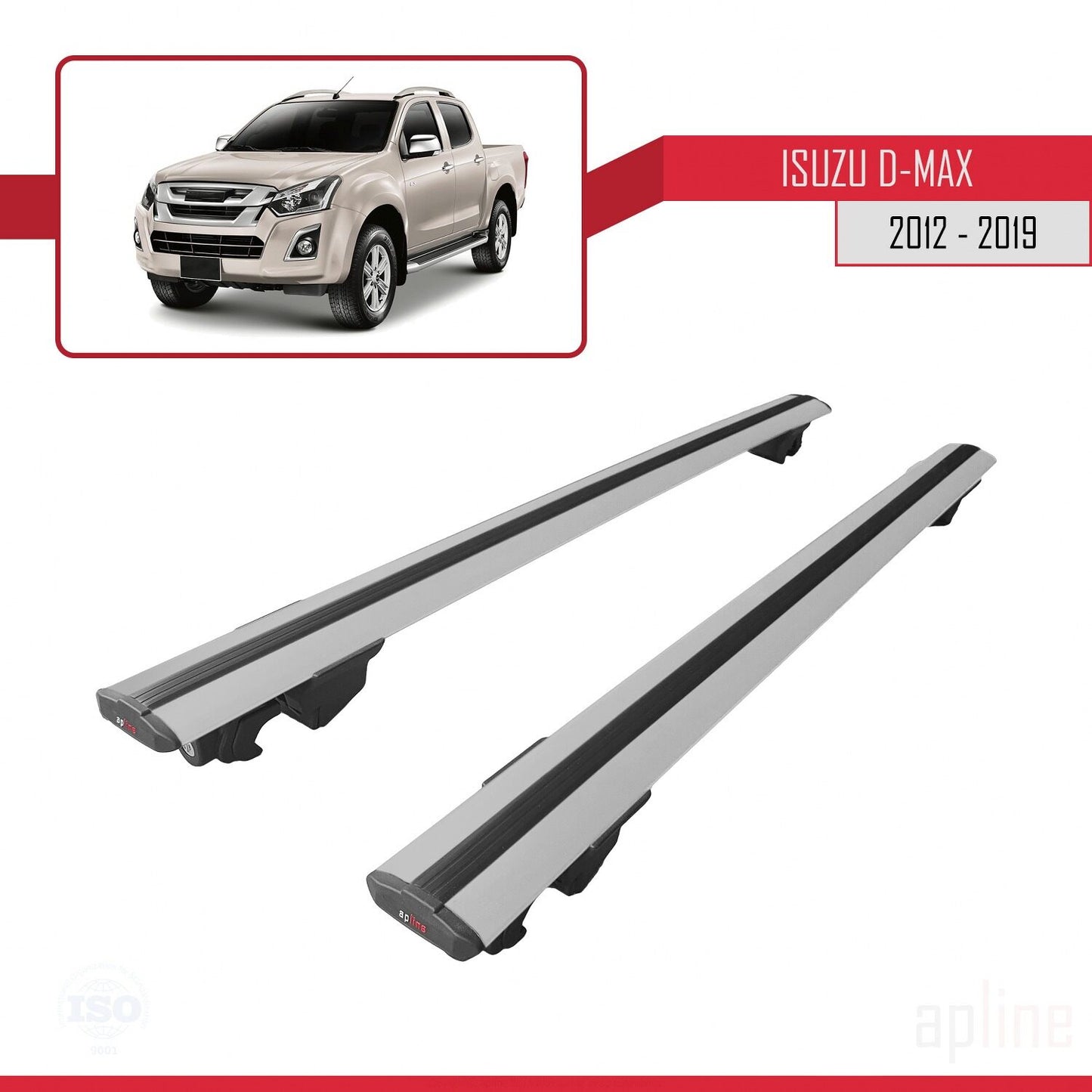 Compatible with Isuzu D-Max 2 (RT50) 2012-2019 HOOK Model Car Roof Rack Cross Bar Grey Aluminium 2 Bars