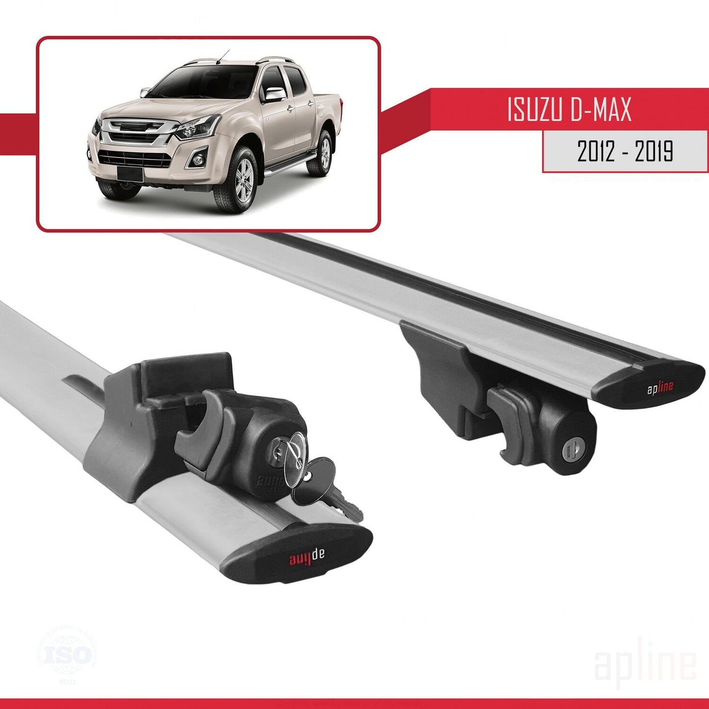Compatible with Isuzu D-Max 2 (RT50) 2012-2019 HOOK Model Car Roof Rack Cross Bar Grey Aluminium 2 Bars