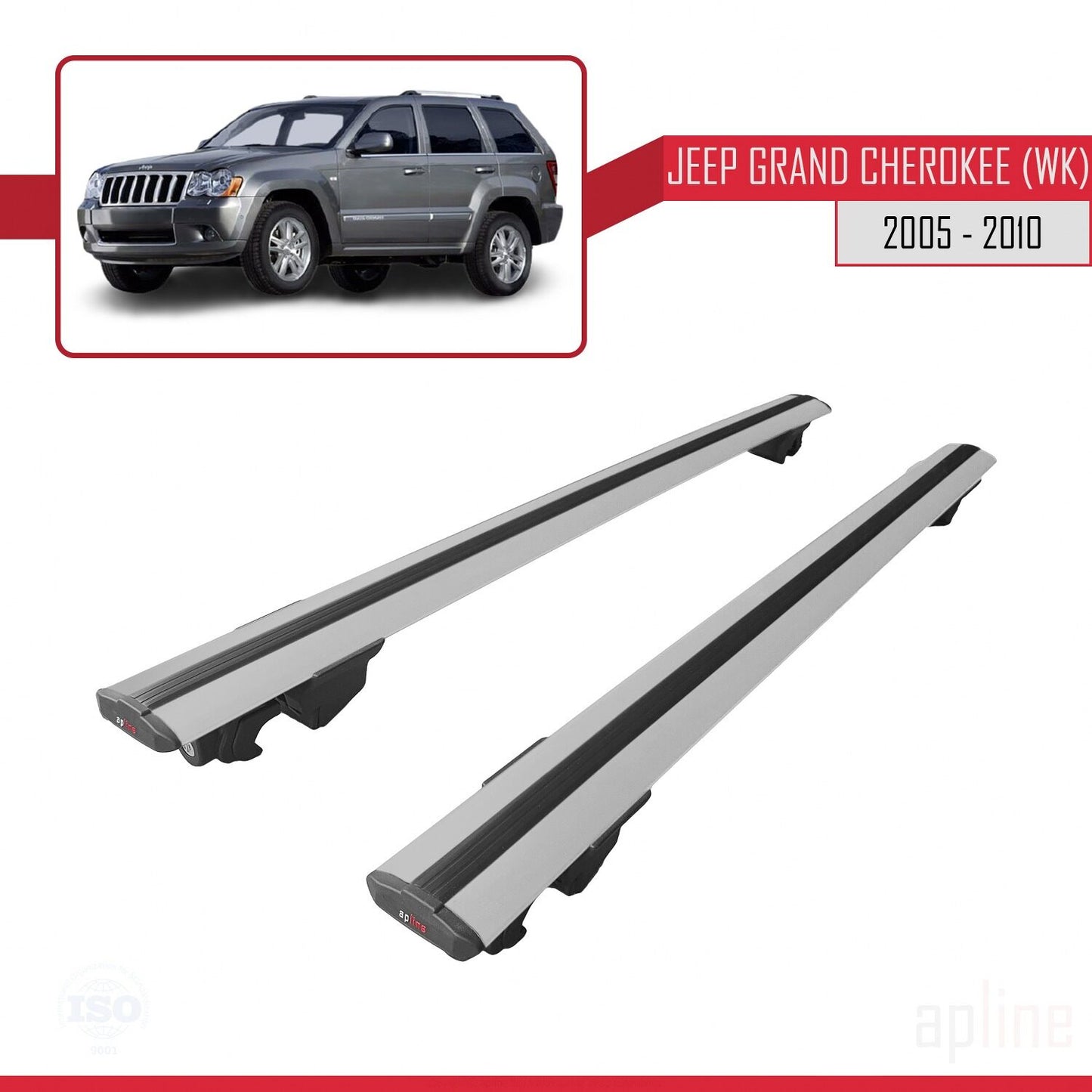 Compatible with Jeep Grand Cherokee 3 (WK) 2005-2010 HOOK Model Car Roof Rack Cross Bar Grey Aluminium 2 Bars