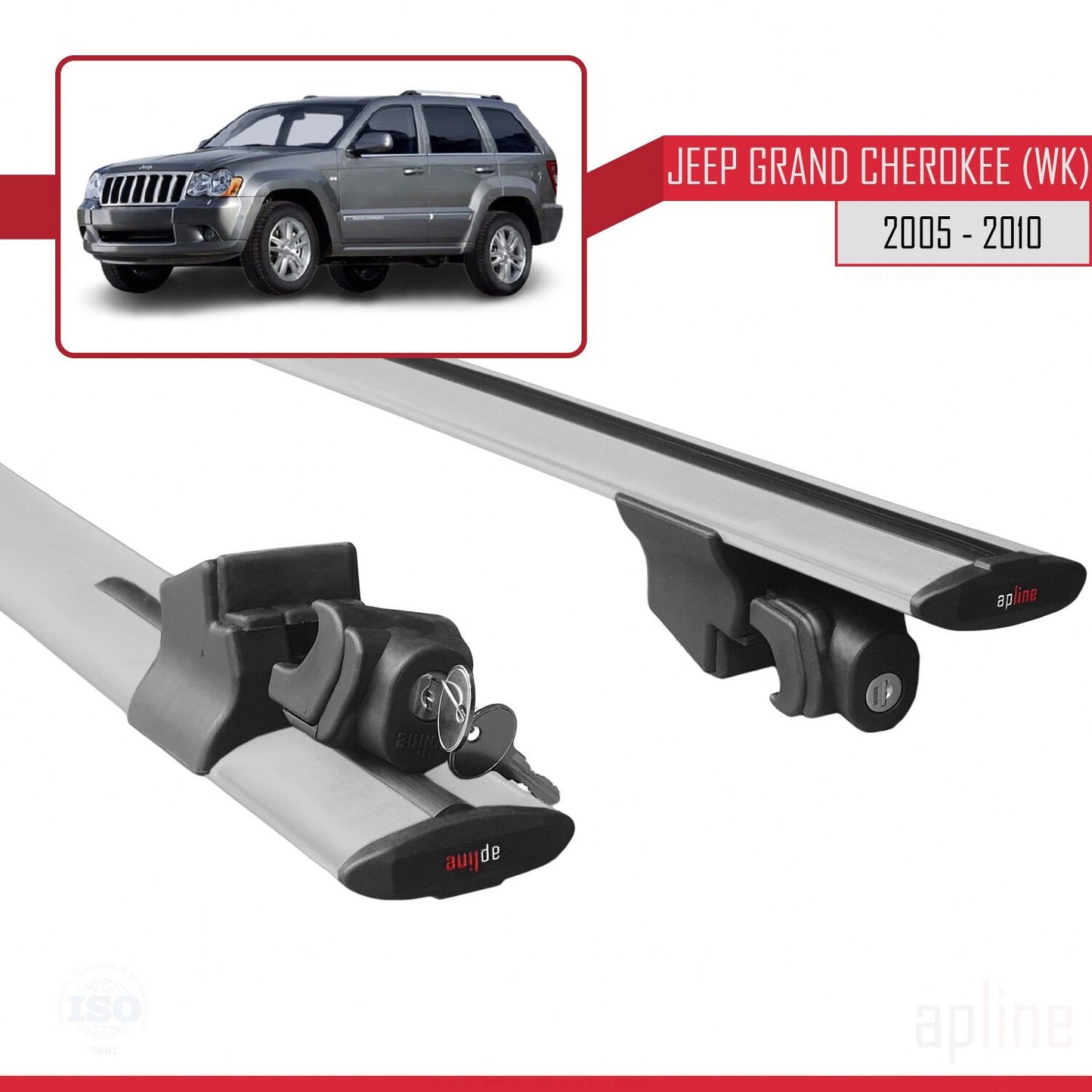Compatible with Jeep Grand Cherokee 3 (WK) 2005-2010 HOOK Model Car Roof Rack Cross Bar Grey Aluminium 2 Bars