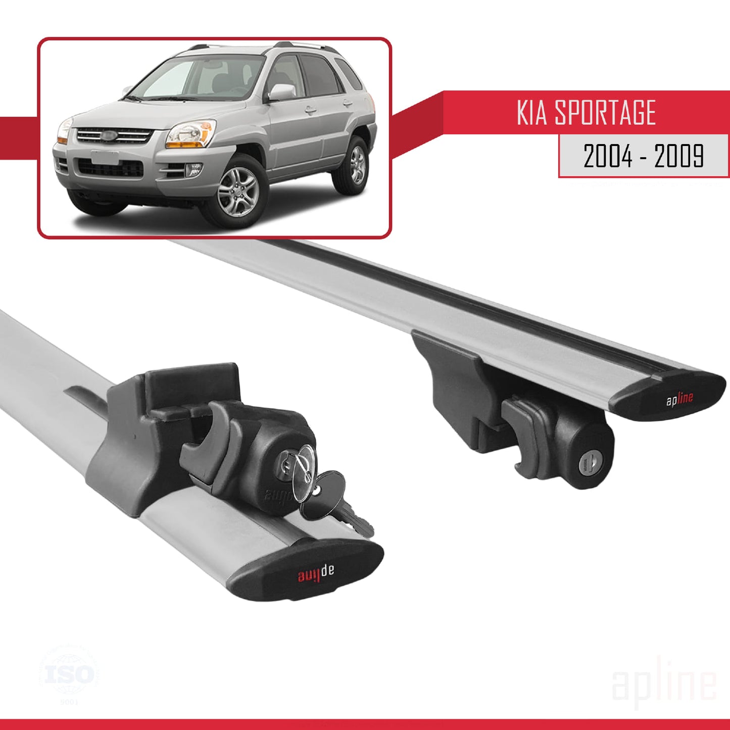 Compatible with Kia Sportage 2 (JE) 2004-2009 HOOK Model Car Roof Rack Cross Bar Grey Aluminium 2 Bars