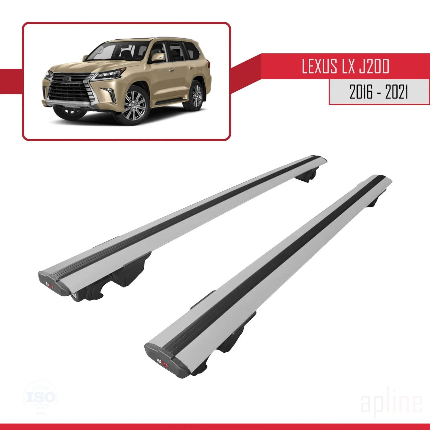 Compatible with Lexus LX 3 (J200) 2016-2021 HOOK Model Car Roof Rack Cross Bar Grey Aluminium 2 Bars