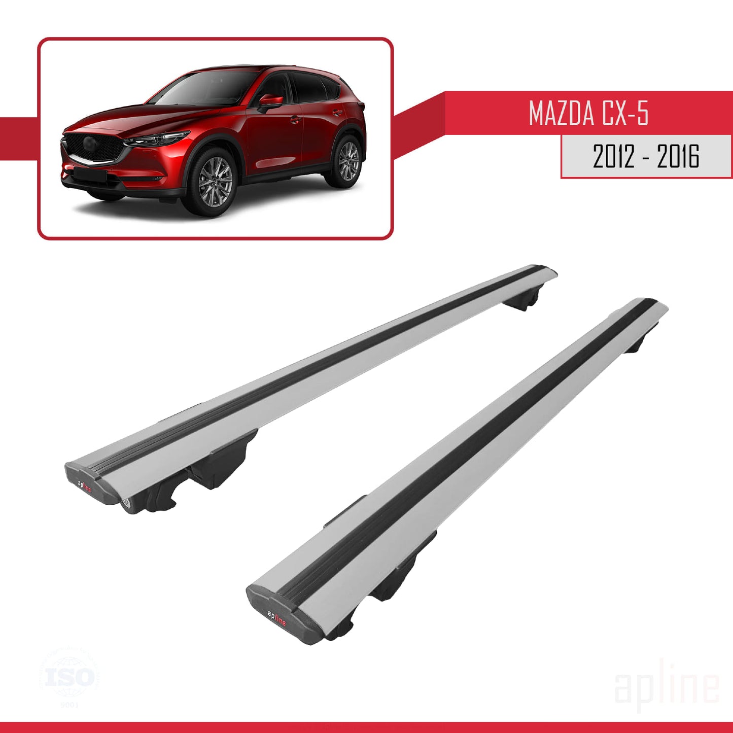 Compatible with Mazda CX-5 I (KE) 2012-2016 HOOK Model Car Roof Rack Cross Bar Grey Aluminium 2 Bars