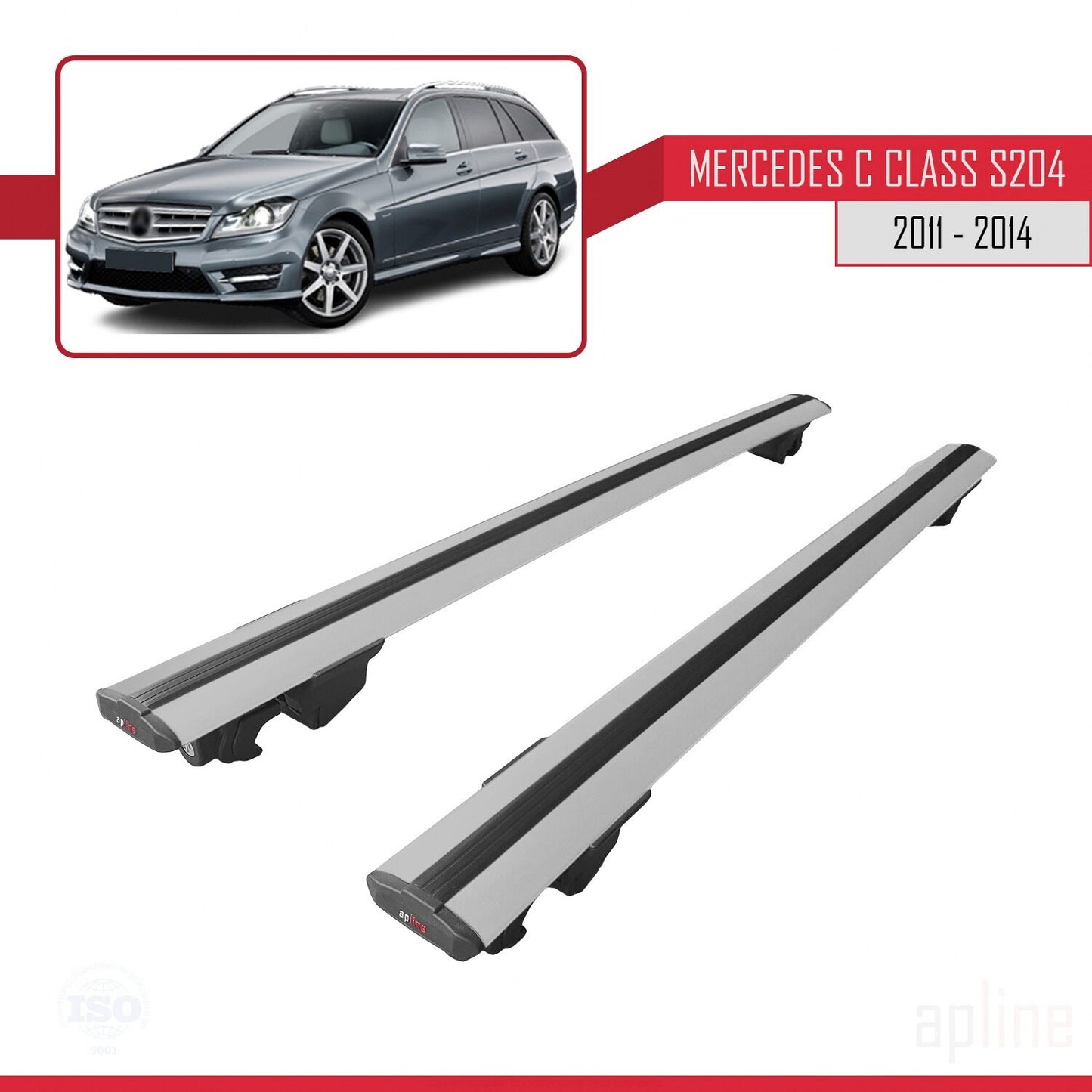 Compatible with Mercedes C Class 3 (S204) Post-Facelift 2011-2014 HOOK Model Car Roof Rack Cross Bar Grey Aluminium 2 Bars