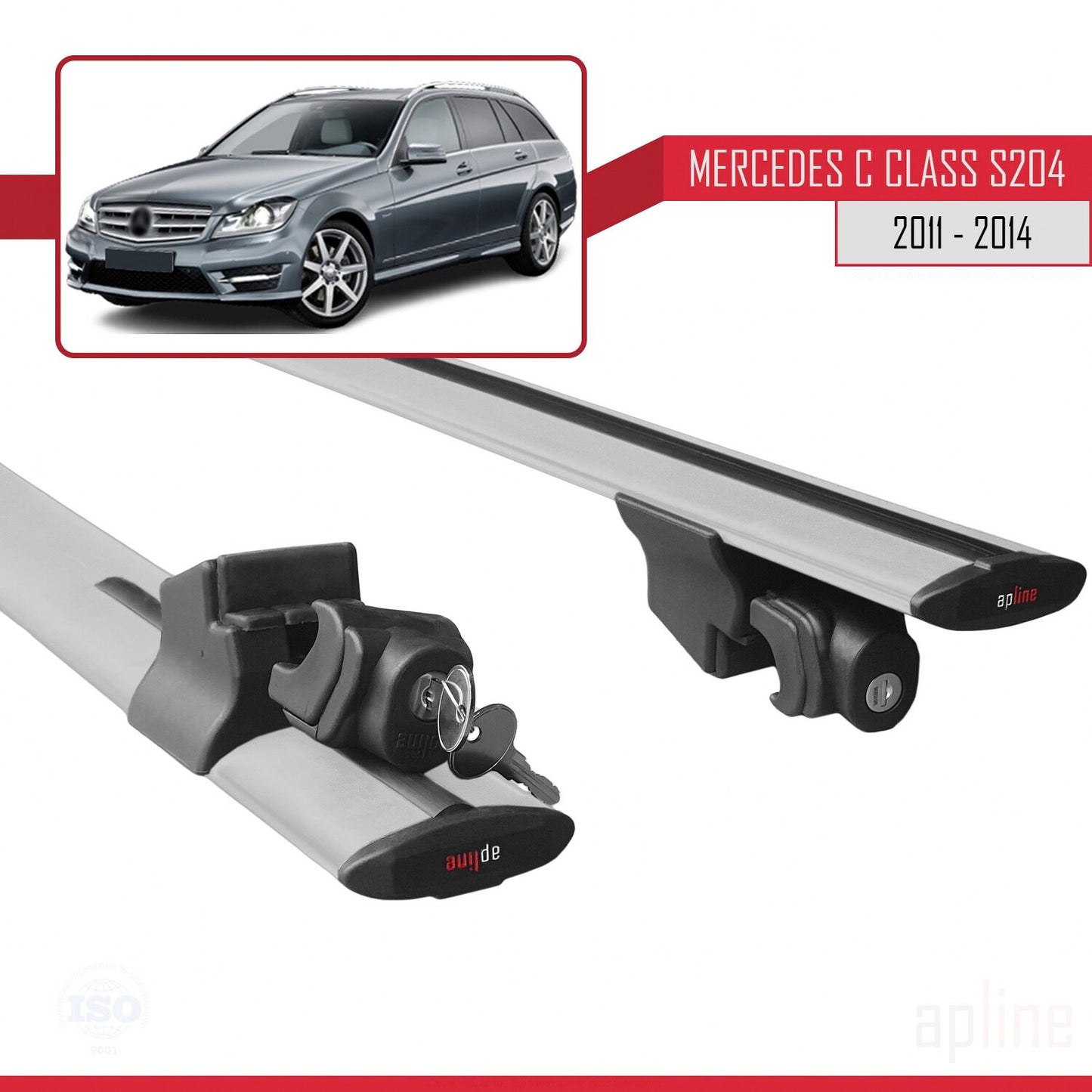 Compatible with Mercedes C Class 3 (S204) Post-Facelift 2011-2014 HOOK Model Car Roof Rack Cross Bar Grey Aluminium 2 Bars