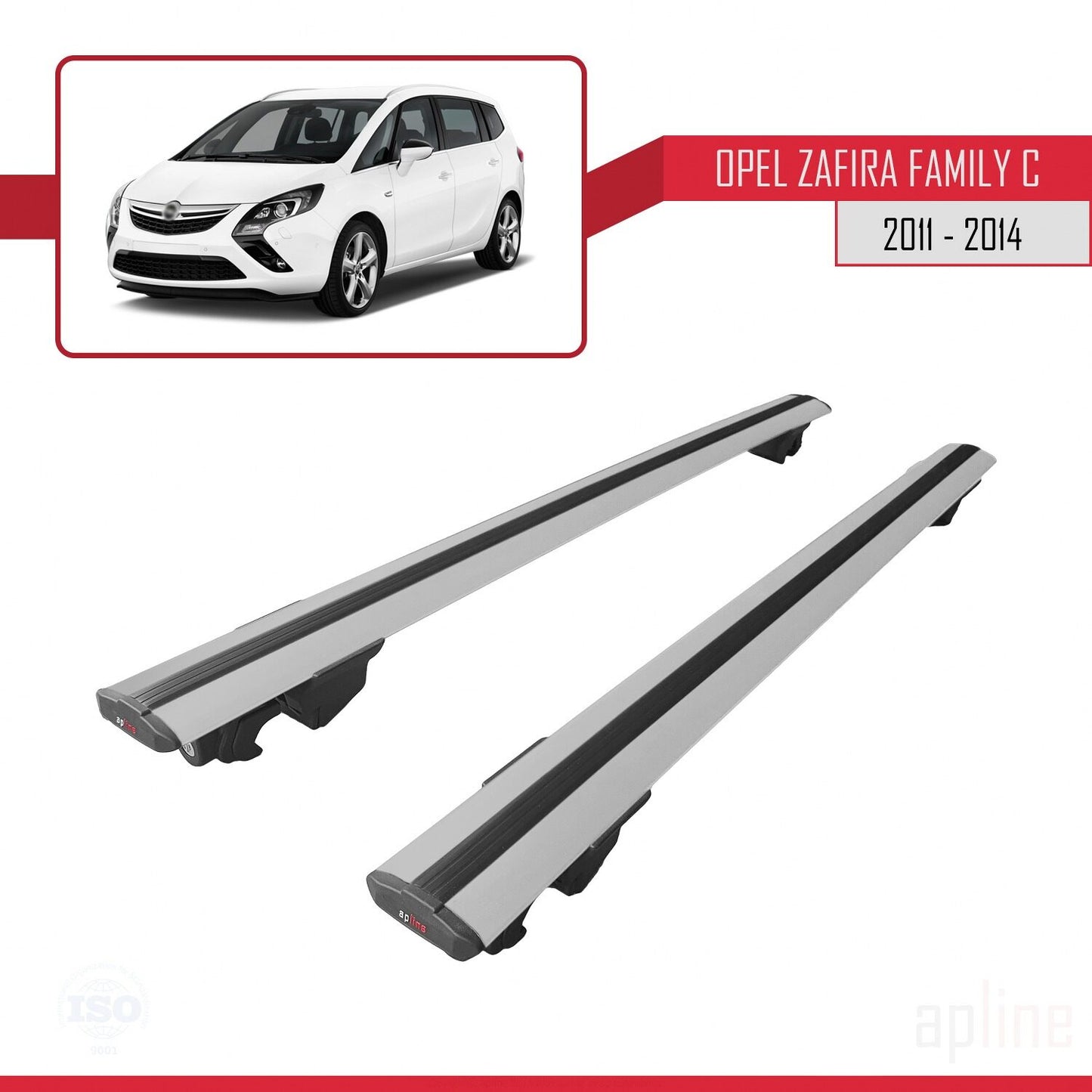 Compatible with Opel Zafira Family B 2011-2014 HOOK Model Car Roof Rack Cross Bar Grey Aluminium 2 Bars