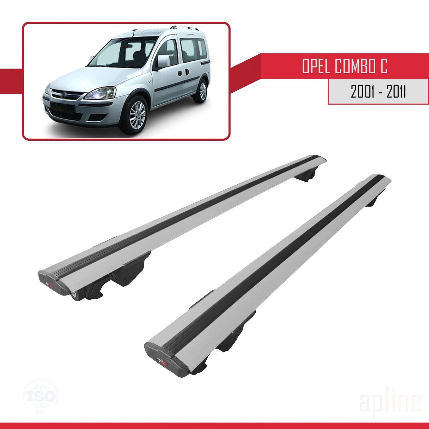 Compatible with Opel Combo C 2001-2011 HOOK Model Car Roof Rack Cross Bar Grey Aluminium 2 Bars