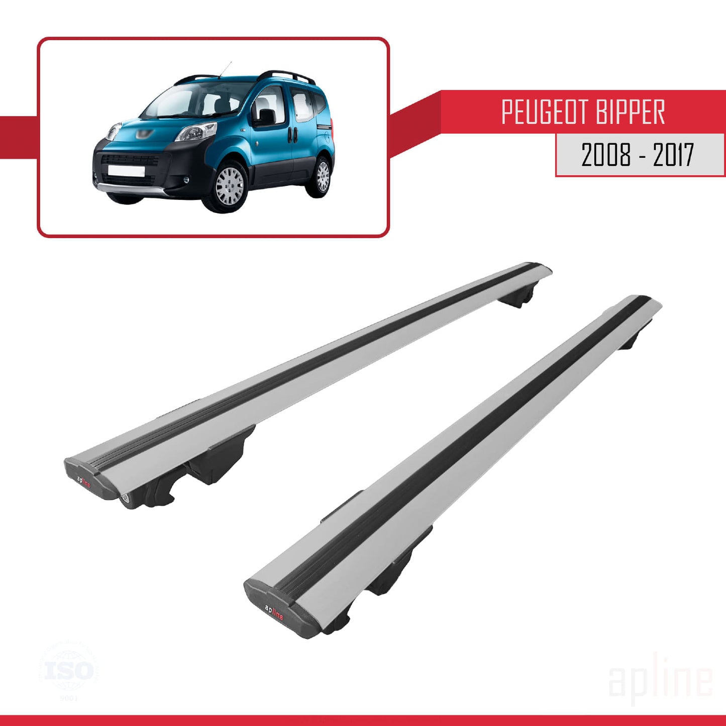 Compatible with Peugeot Bipper 2008-2017 HOOK Model Car Roof Rack Cross Bar Grey Aluminium 2 Bars