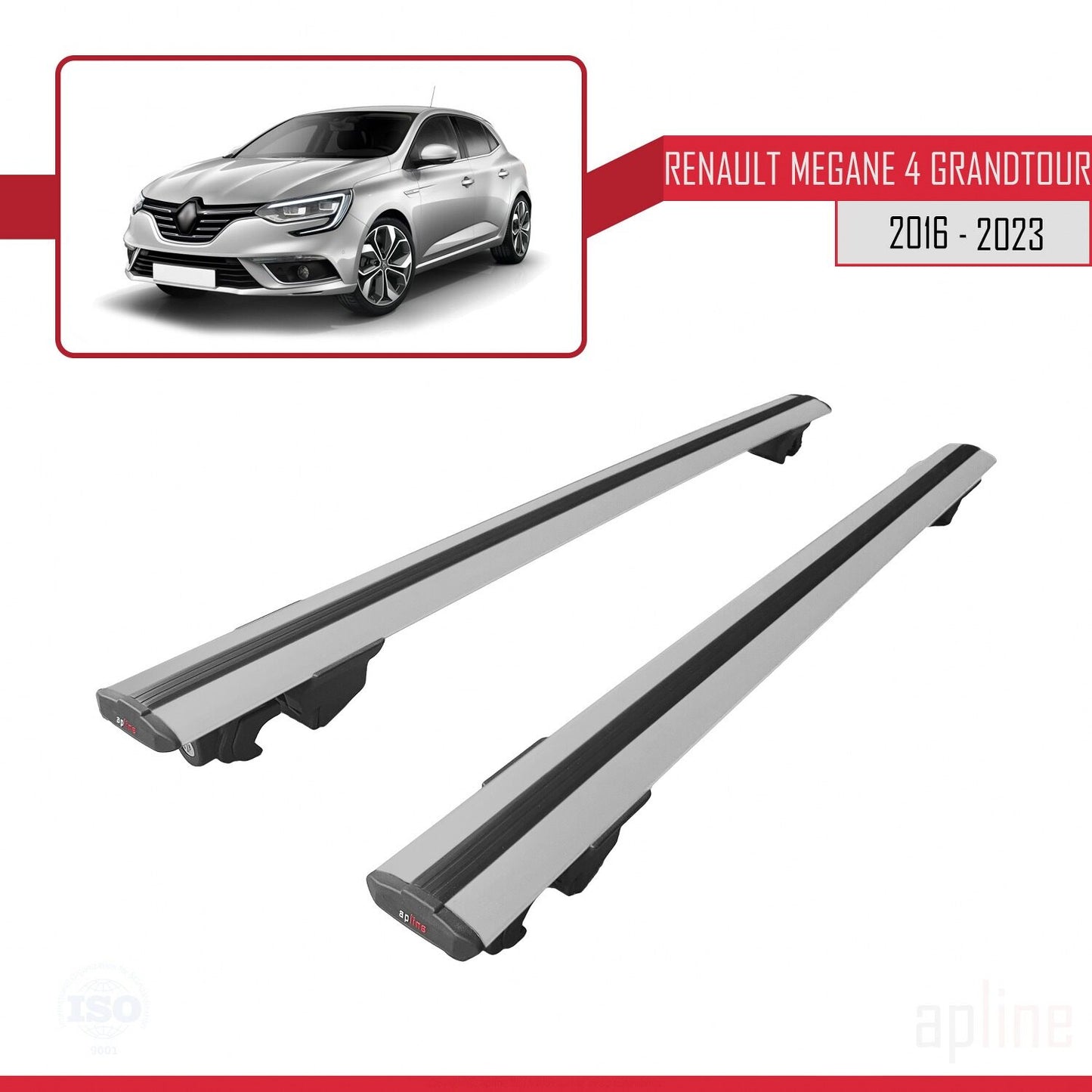 Compatible with Renault Megane 4 (KFB) Grandtour 2016-2023 HOOK Model Car Roof Rack Cross Bar Grey Aluminium 2 Bars