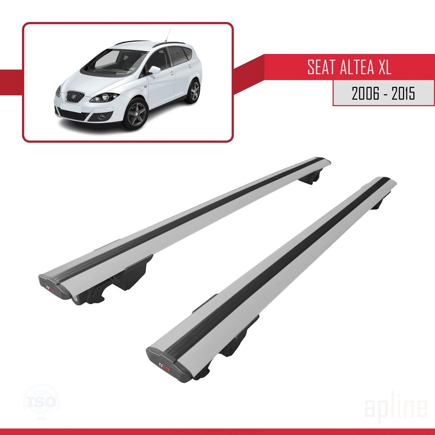 Compatible with Seat Altea XL 2006-2015 HOOK Model Car Roof Rack Cross Bar Grey Aluminium 2 Bars