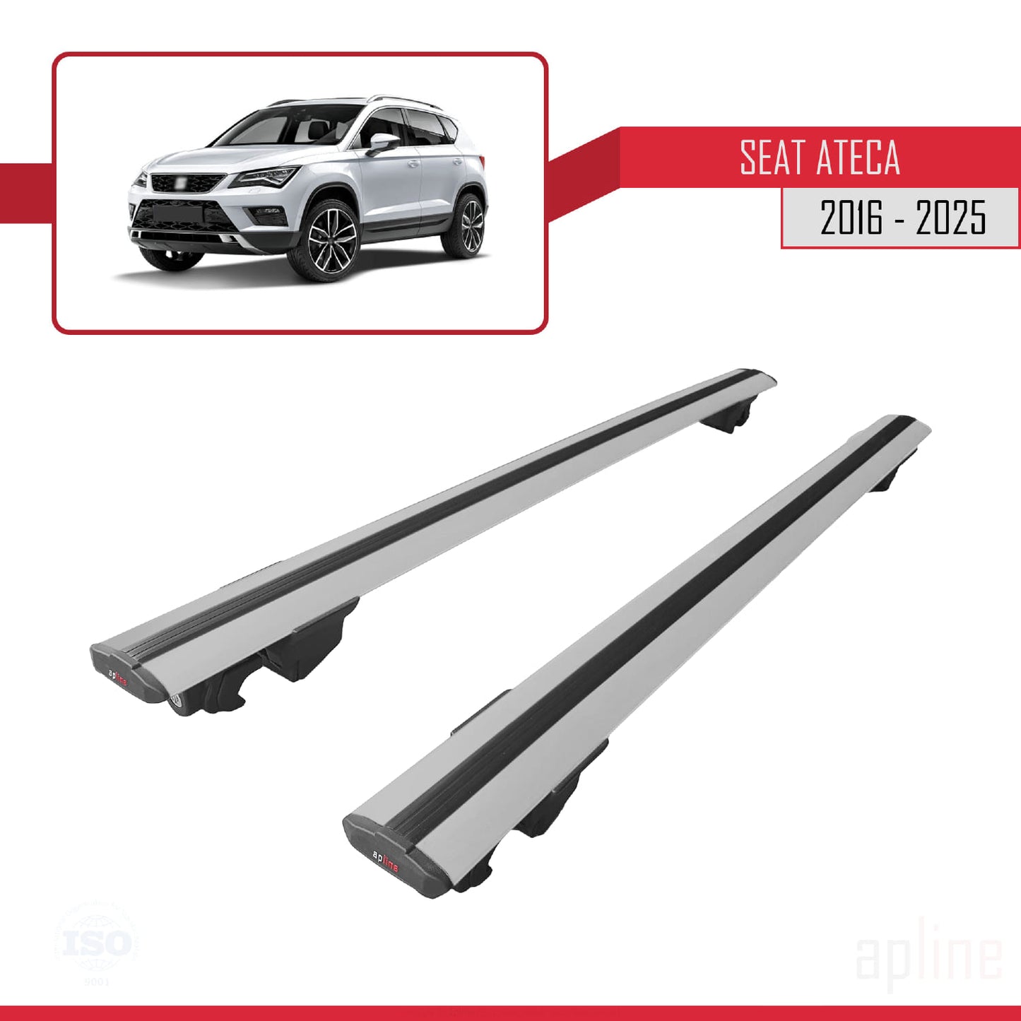 Compatible with Seat Ateca (KH7) 2016-2025 HOOK Model Car Roof Rack Cross Bar Grey Aluminium 2 Bars