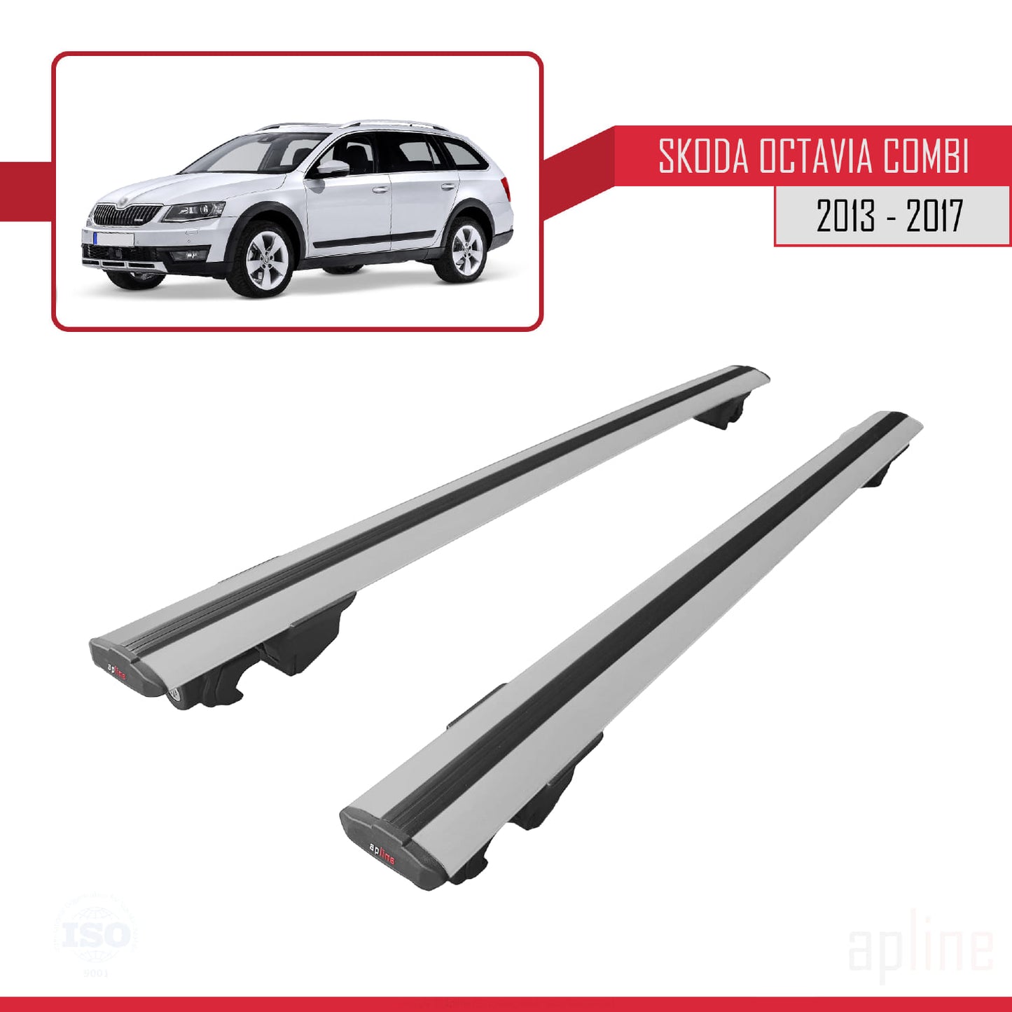 Compatible with Skoda Octavia 3 (5E) SW Pre-Facelift 2013-2017 HOOK Model Car Roof Rack Cross Bar Grey Aluminium 2 Bars