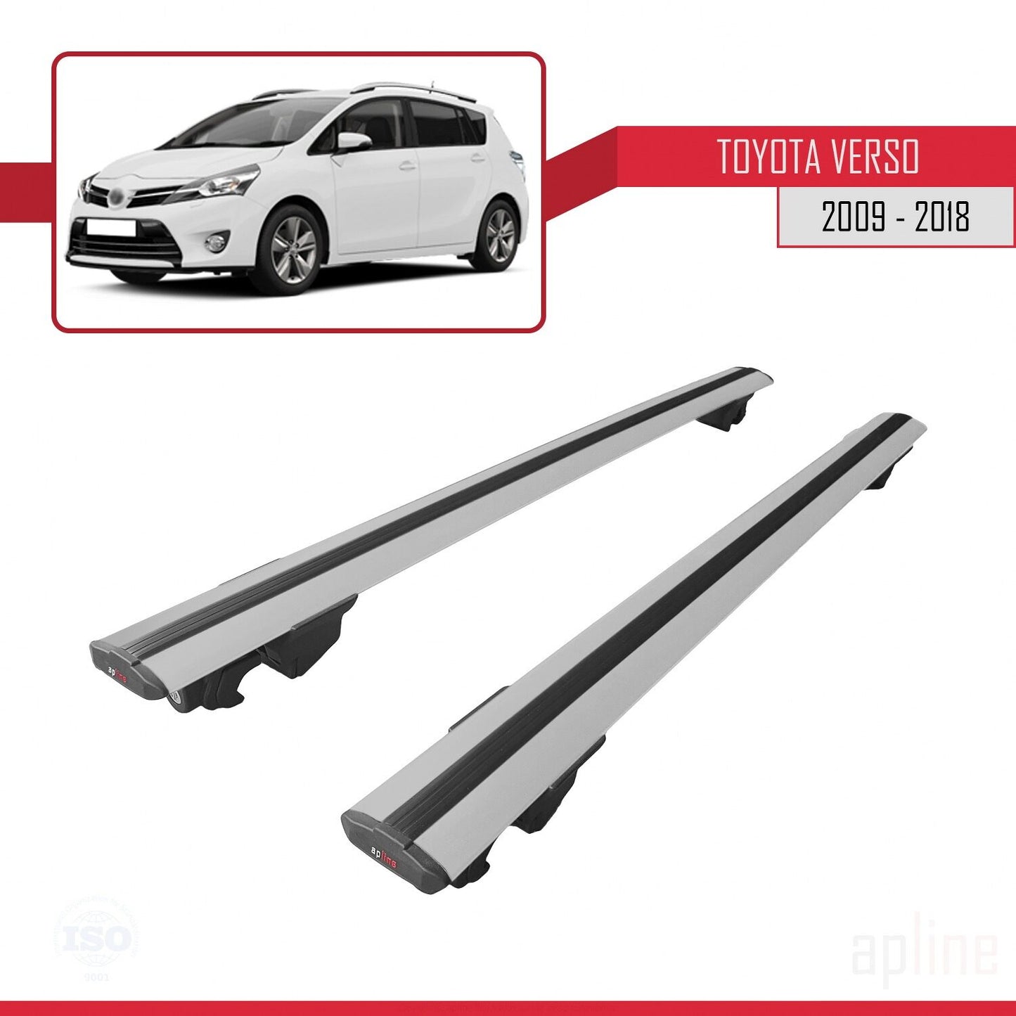 Compatible with Toyota Verso (AR20) 2009-2018 HOOK Model Car Roof Rack Cross Bar Grey Aluminium 2 Bars