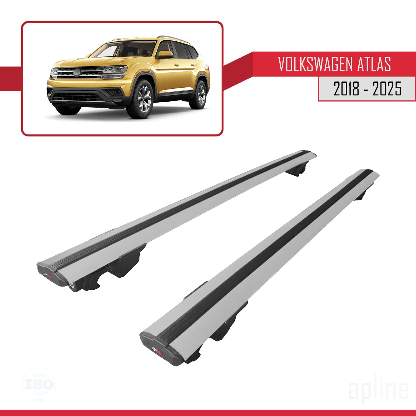 Compatible with Volkswagen Atlas (CA1) 2018-2025 HOOK Model Car Roof Rack Cross Bar Grey Aluminium 2 Bars