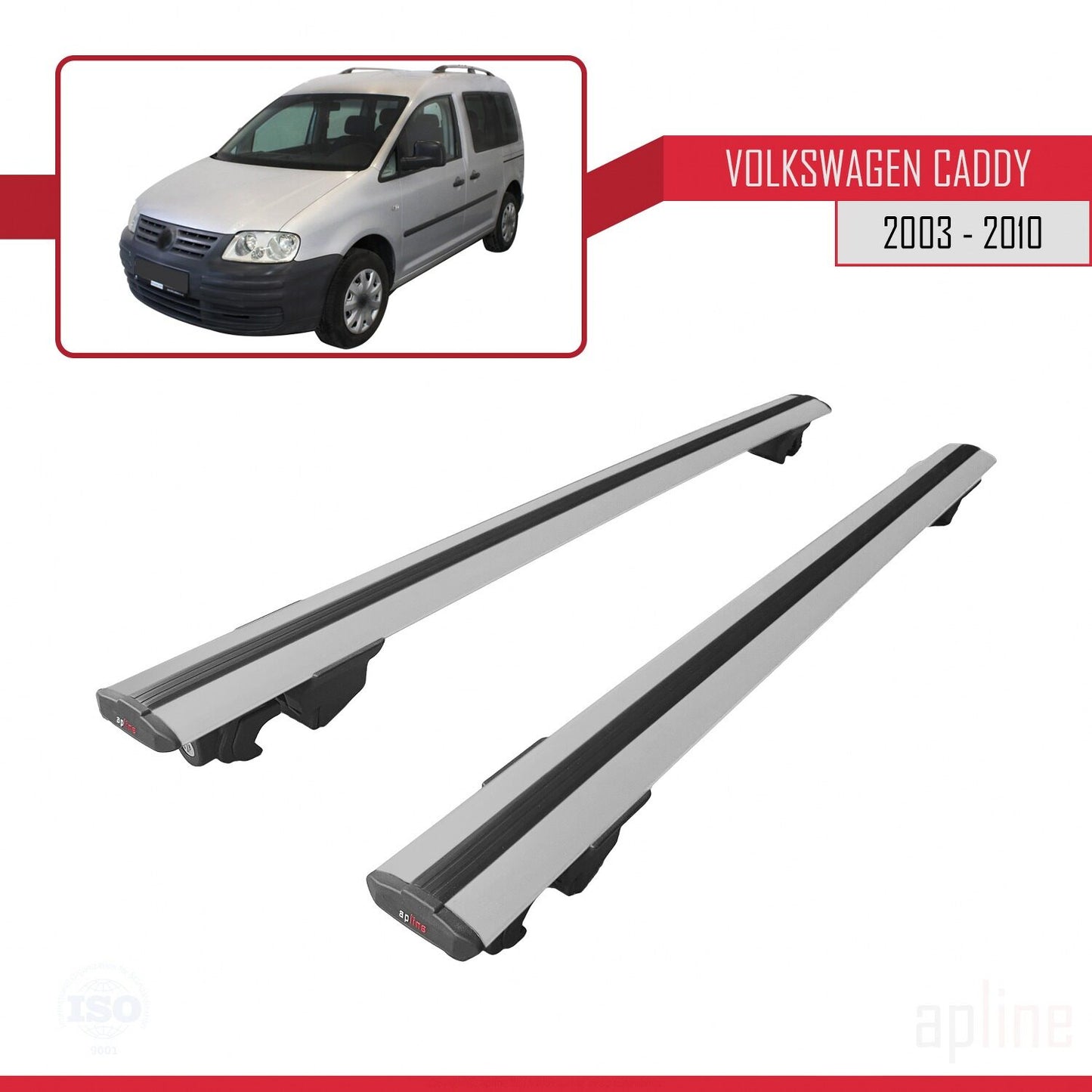 Compatible with Volkswagen Caddy 3 (2K) 2003-2010 HOOK Model Car Roof Rack Cross Bar Grey Aluminium 2 Bars