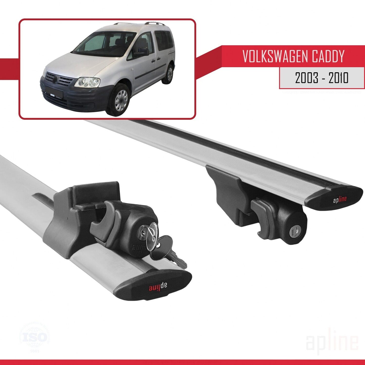 Compatible with Volkswagen Caddy 3 (2K) 2003-2010 HOOK Model Car Roof Rack Cross Bar Grey Aluminium 2 Bars