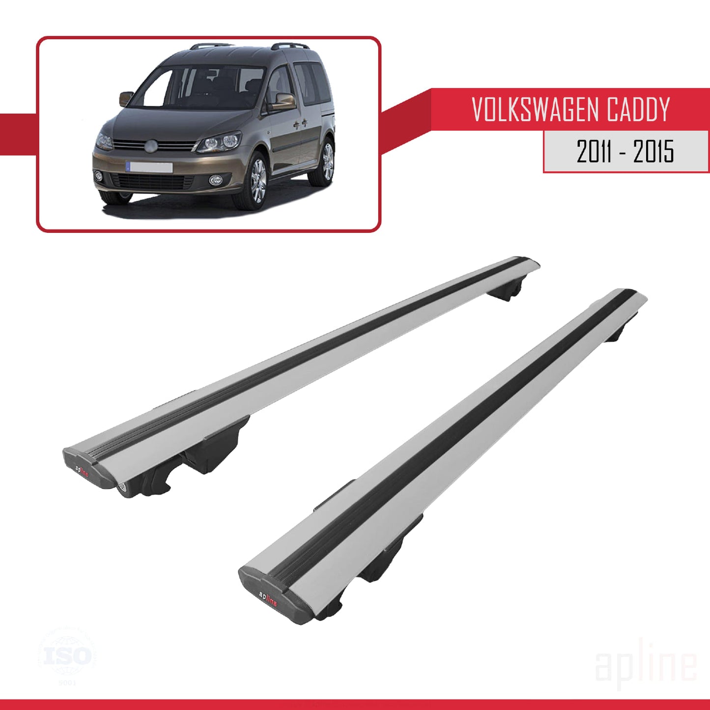 Compatible with Volkswagen Caddy 3 (2K) 2011-2015 HOOK Model Car Roof Rack Cross Bar Grey Aluminium 2 Bars