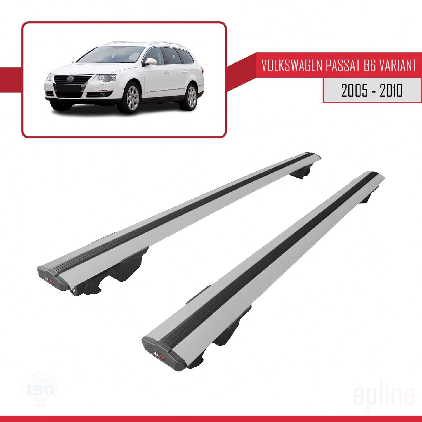 Compatible with Volkswagen Passat B6 (3C) Variant 2005-2010 HOOK Model Car Roof Rack Cross Bar Grey Aluminium 2 Bars