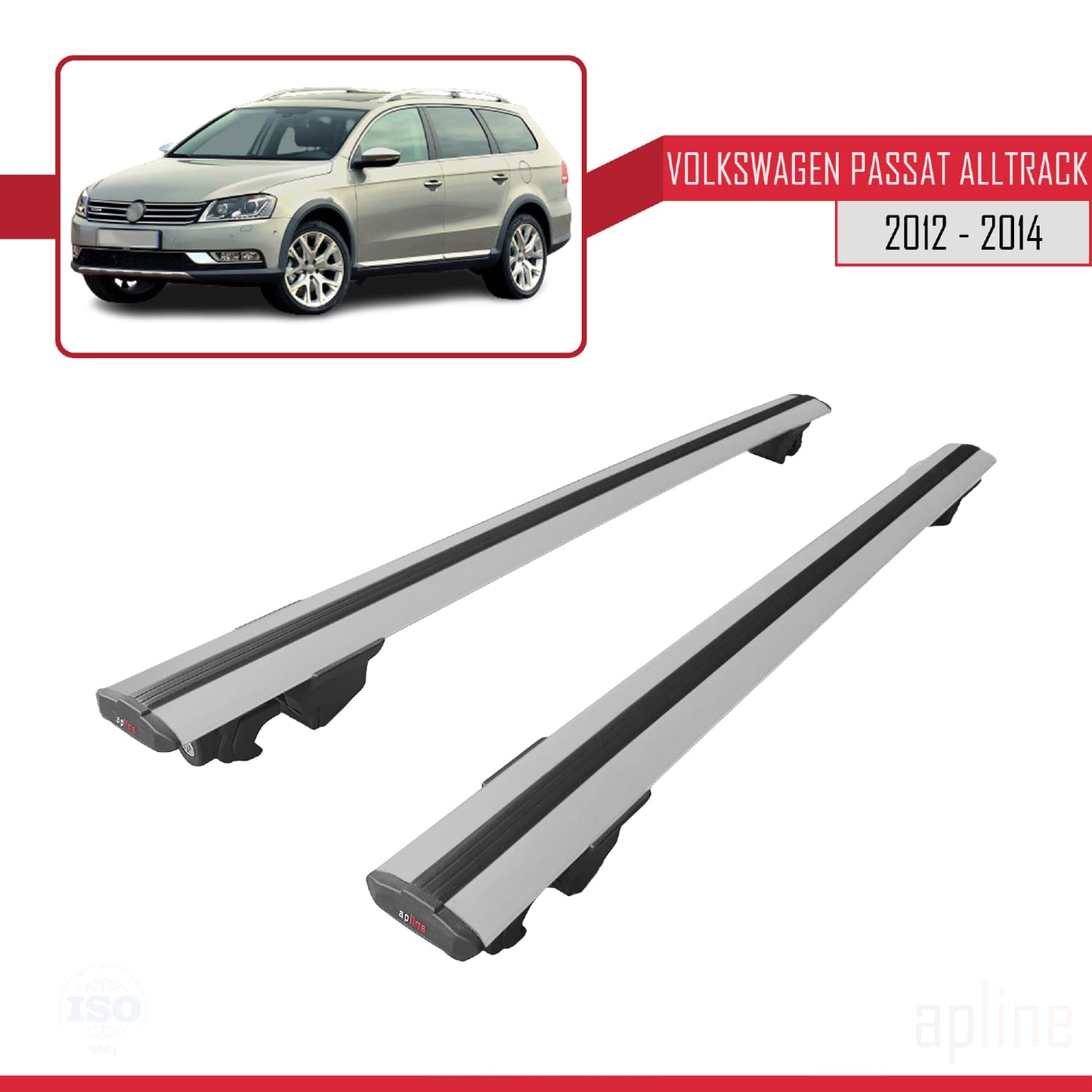 Compatible with Volkswagen Passat B7 (3C) Alltrack 2012-2014 HOOK Model Car Roof Rack Cross Bar Grey Aluminium 2 Bars