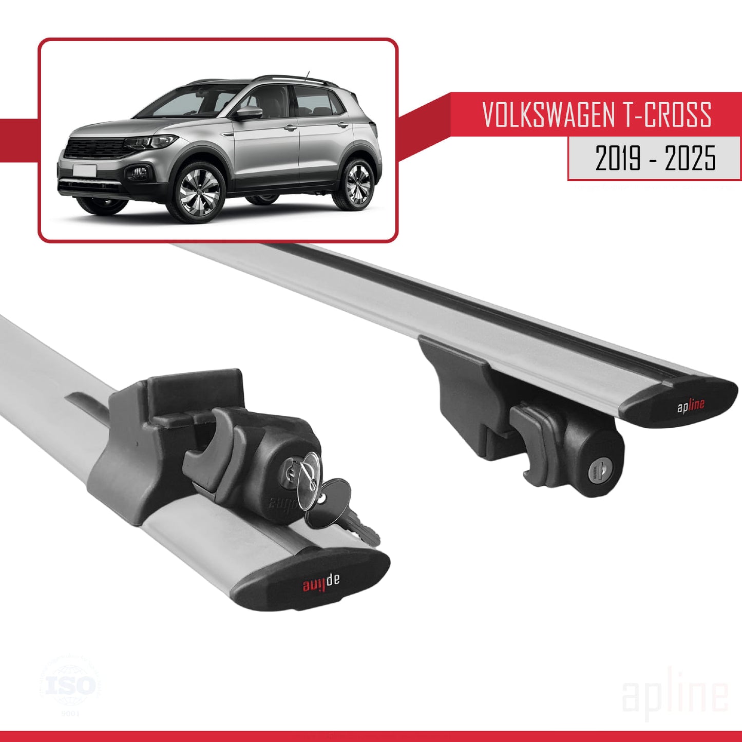 Compatible with Volkswagen T-Cross (C11) 2019-2025 HOOK Model Car Roof Rack Cross Bar Grey Aluminium 2 Bars