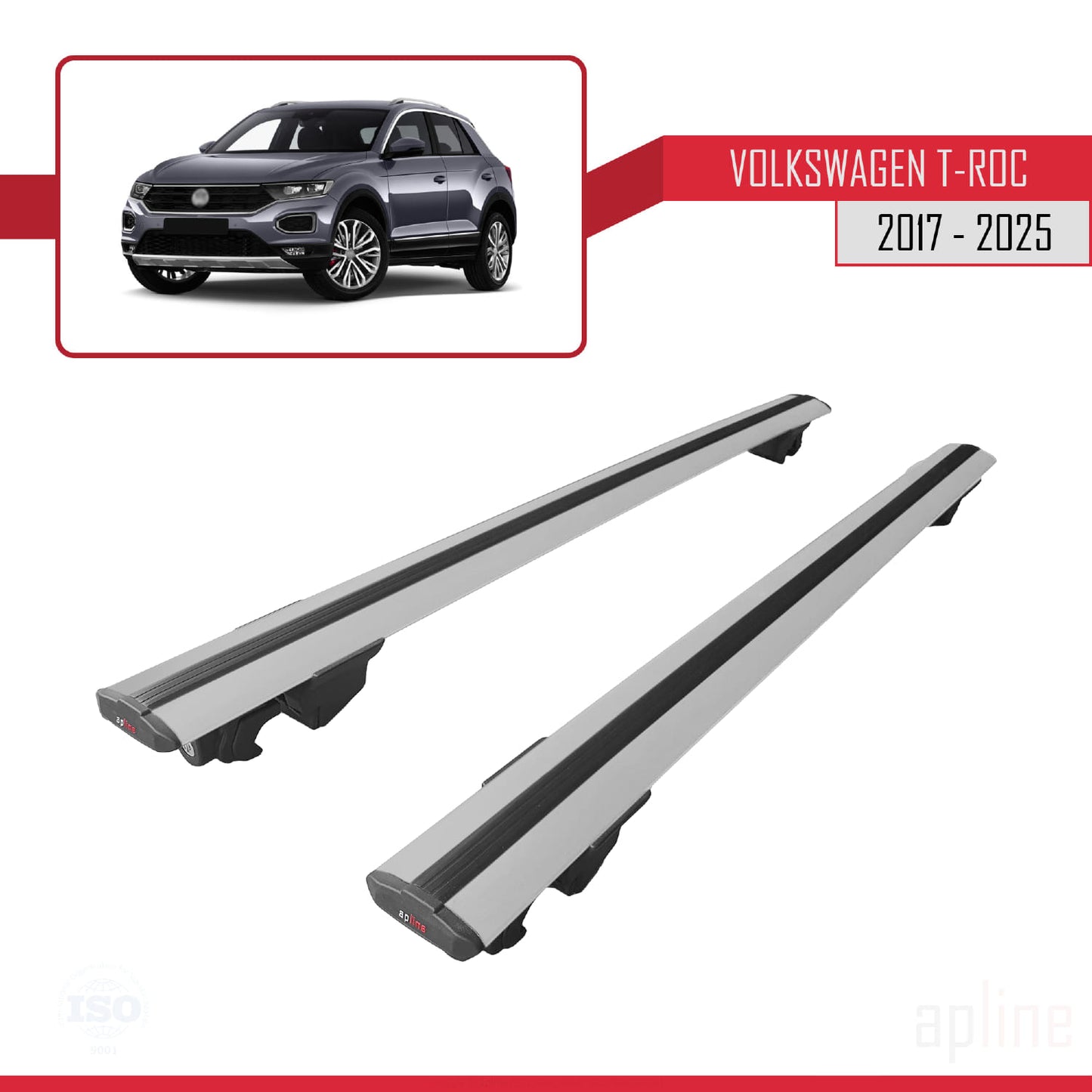 Compatible with Volkswagen T-Roc 2017-2025 HOOK Model Car Roof Rack Cross Bar Grey Aluminium 2 Bars