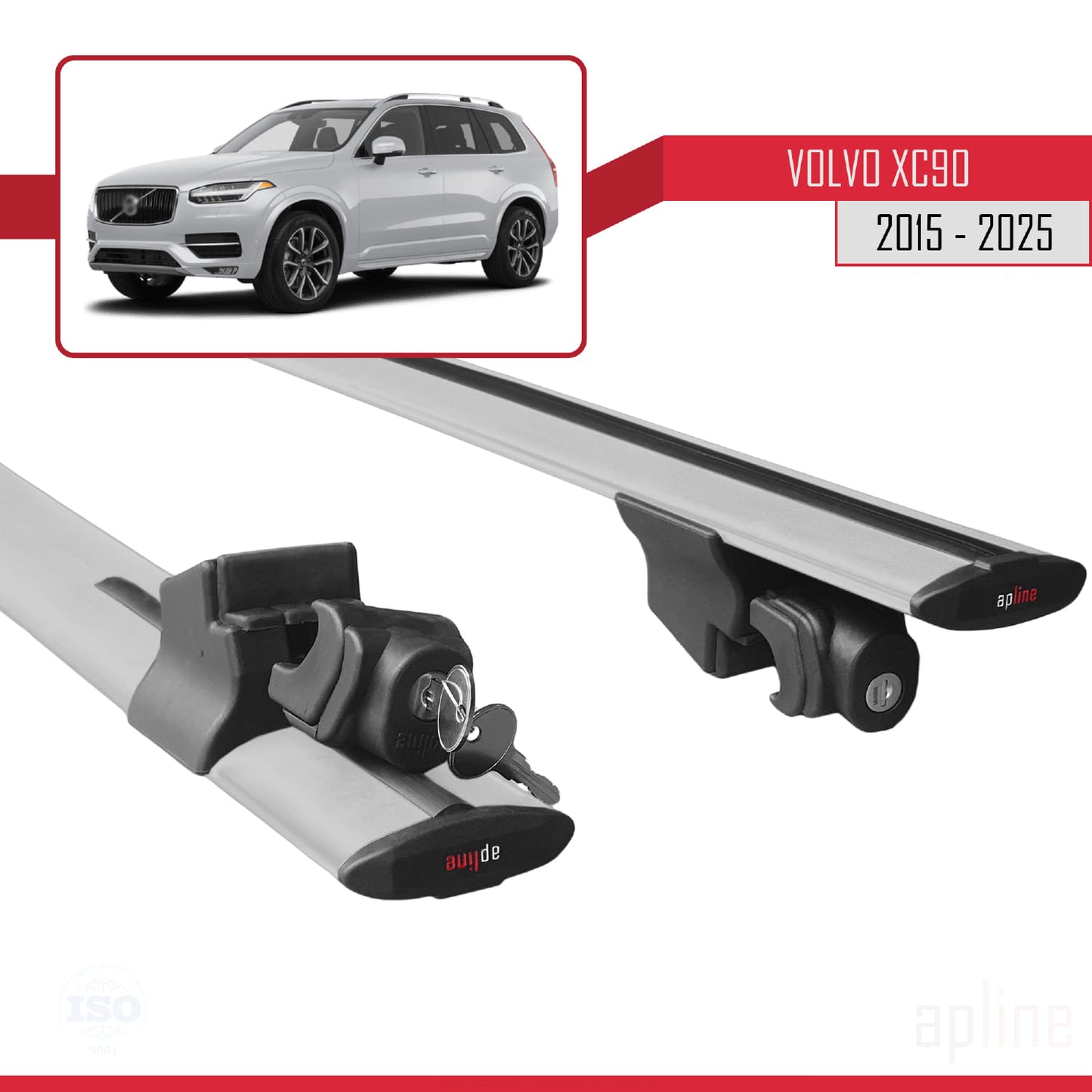 Compatible with Volvo XC90 II 2015-2025 HOOK Model Car Roof Rack Cross Bar Grey Aluminium 2 Bars