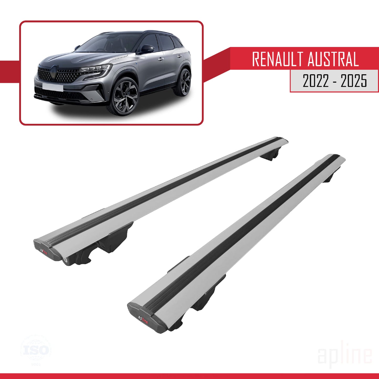 Compatible with Renault Austral (RHN) 2022-2025 HOOK Model Car Roof Rack Cross Bar Grey Aluminium 2 Bars