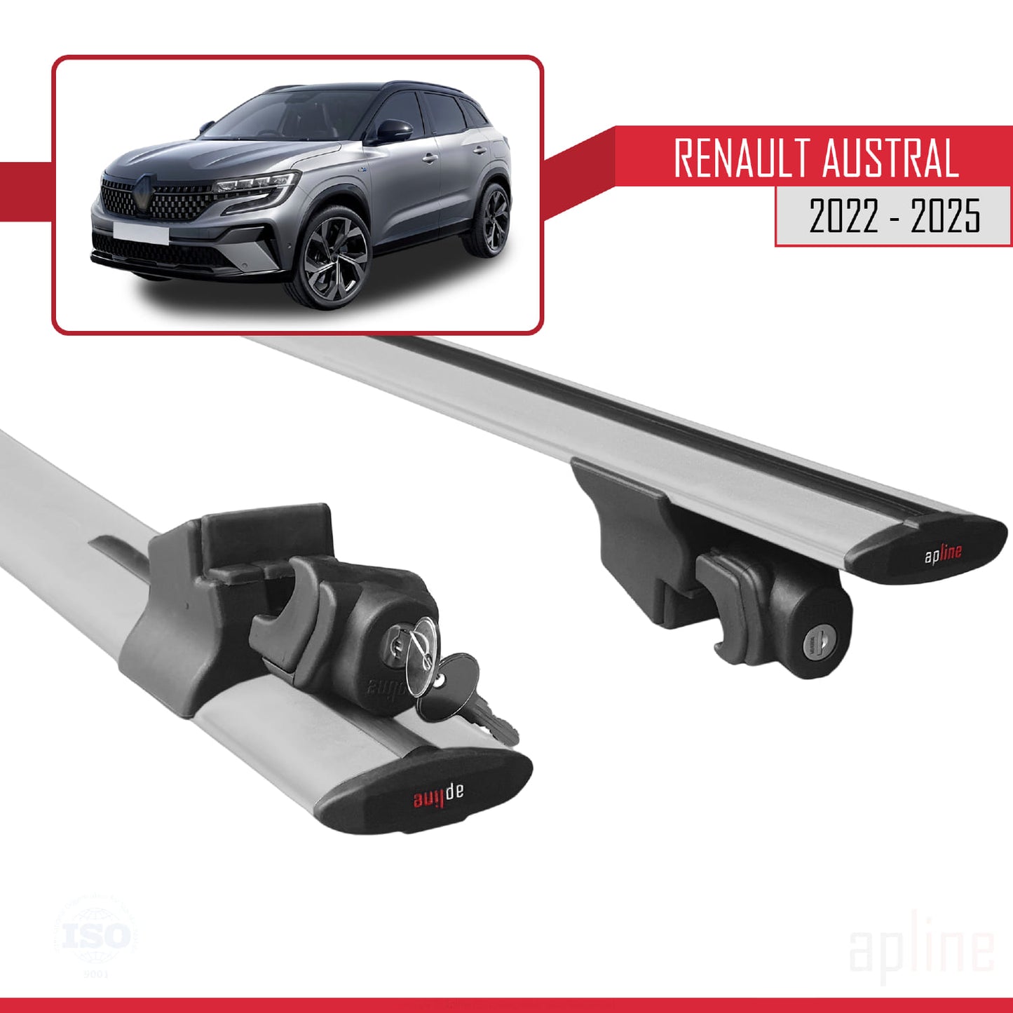 Compatible with Renault Austral (RHN) 2022-2025 HOOK Model Car Roof Rack Cross Bar Grey Aluminium 2 Bars