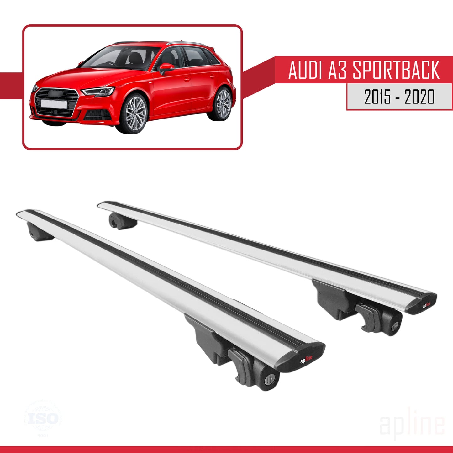 Compatible with Audi A3 Sportback 2015-2020 HOOK Model Car Roof Rack Cross Bar Grey Aluminium 2 Bars
