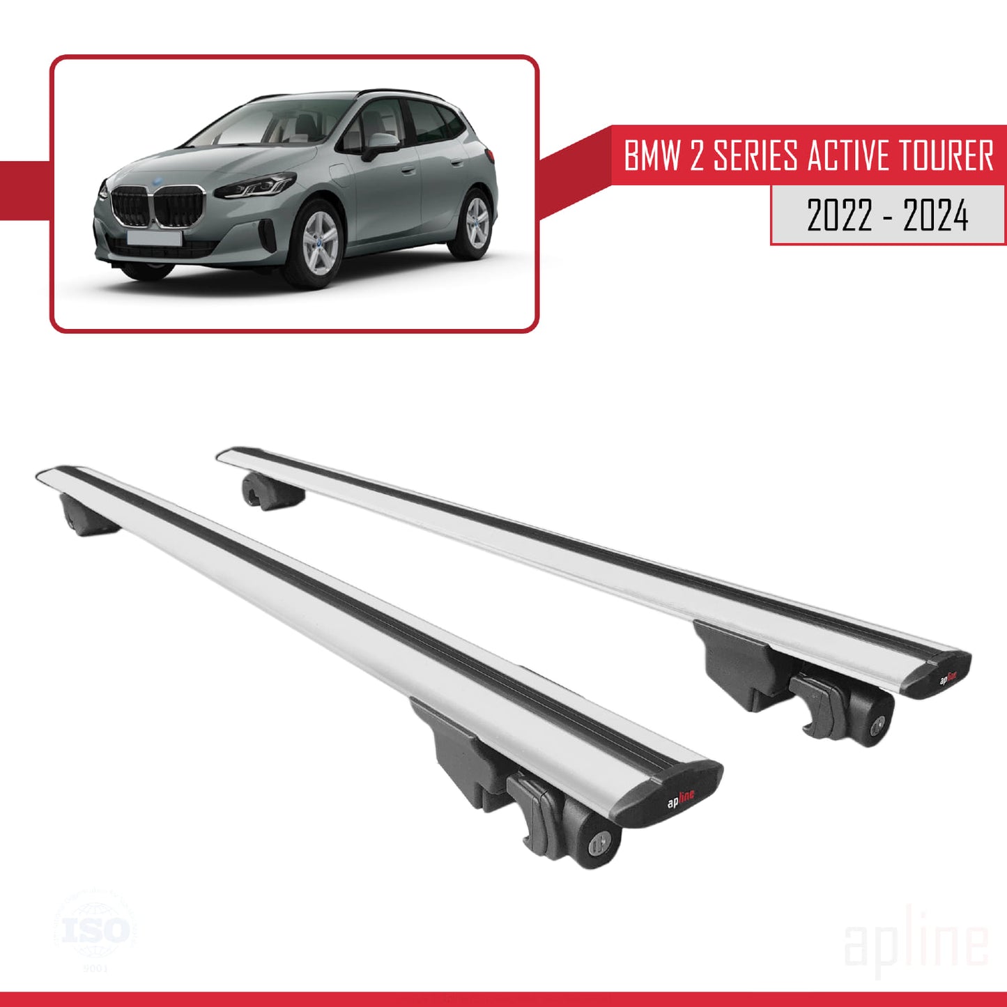 Compatible with BMW 2 Series Active Tourer 2022-2024 HOOK Model Car Roof Rack Cross Bar Grey Aluminium 2 Bars