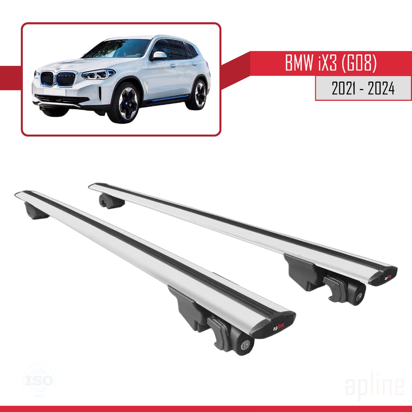 Compatible with BMW iX3 G08 2021-2024 HOOK Model Car Roof Rack Cross Bar Grey Aluminium 2 Bars
