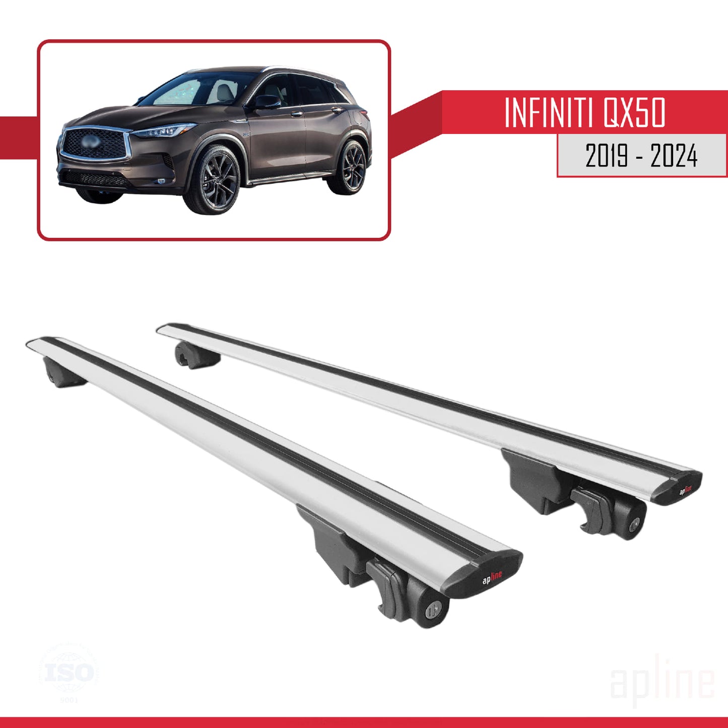 Compatible with Infiniti QX50 2019-2024 HOOK Model Car Roof Rack Cross Bar Grey Aluminium 2 Bars