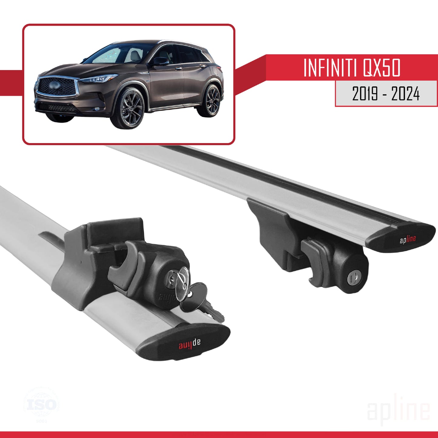Compatible with Infiniti QX50 2019-2024 HOOK Model Car Roof Rack Cross Bar Grey Aluminium 2 Bars