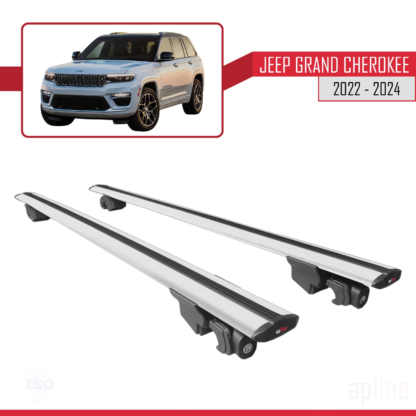Compatible with Jeep Grand Cherokee 2022-2024 HOOK Model Car Roof Rack Cross Bar Grey Aluminium 2 Bars