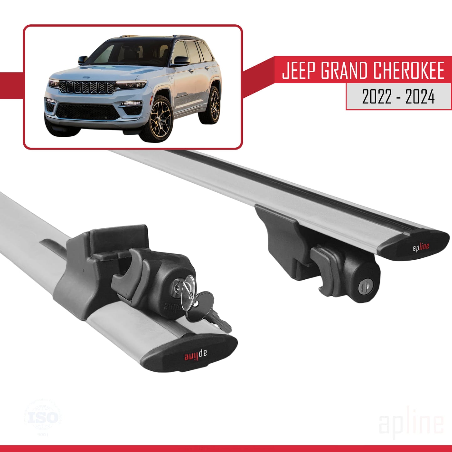 Compatible with Jeep Grand Cherokee 2022-2024 HOOK Model Car Roof Rack Cross Bar Grey Aluminium 2 Bars