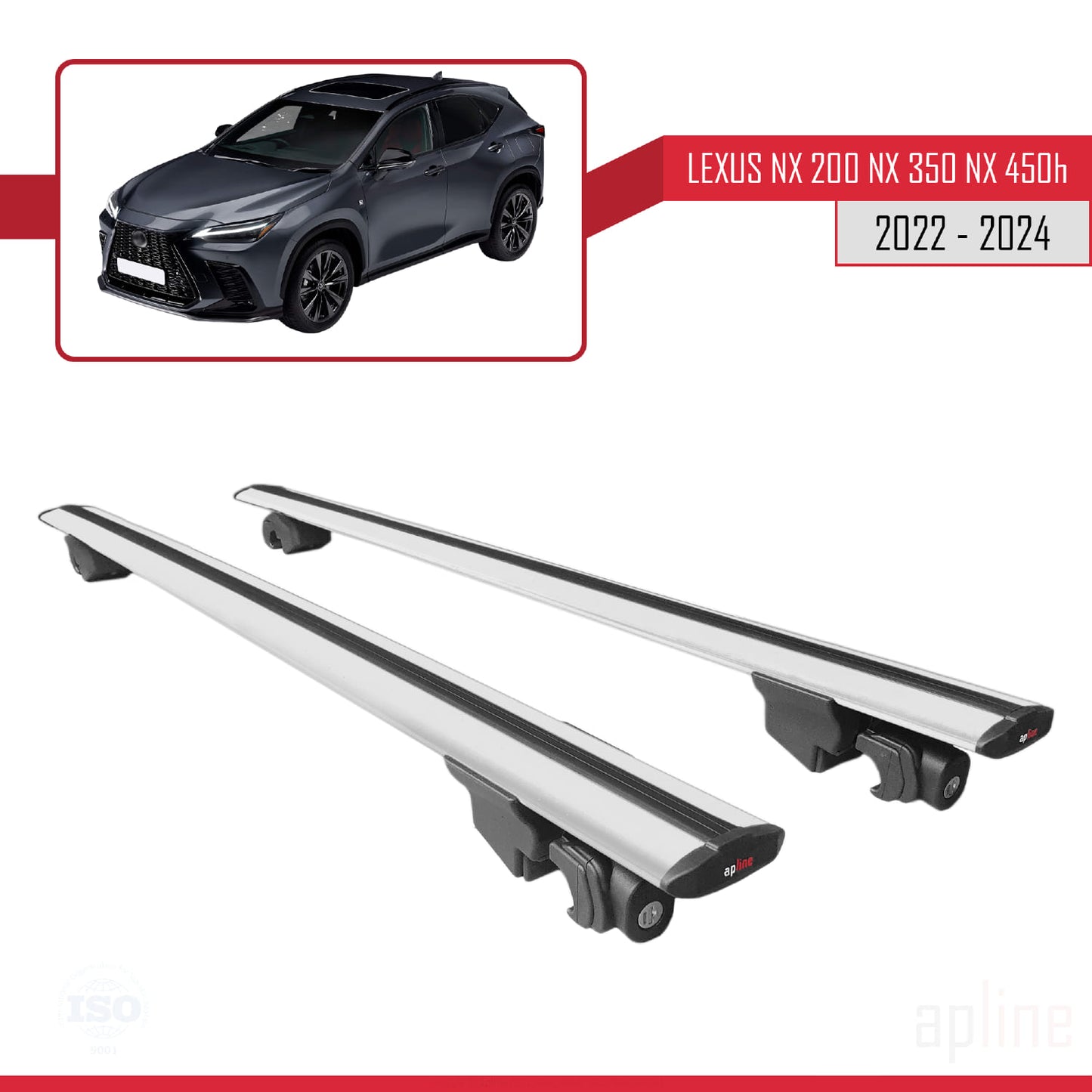 Compatible with Lexus NX 200 NX 350 NX 450h 2022-2024 HOOK Model Car Roof Rack Cross Bar Grey Aluminium 2 Bars