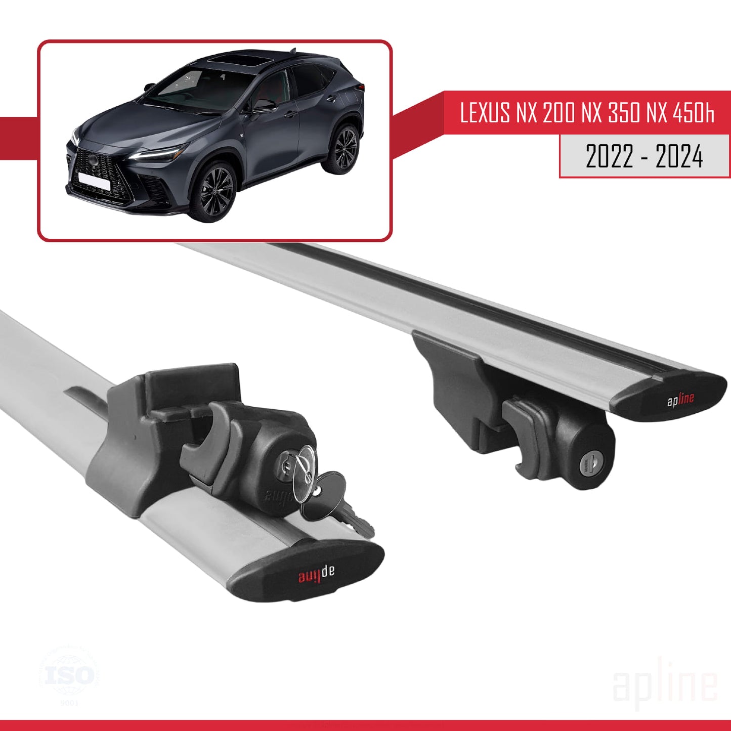 Compatible with Lexus NX 200 NX 350 NX 450h 2022-2024 HOOK Model Car Roof Rack Cross Bar Grey Aluminium 2 Bars