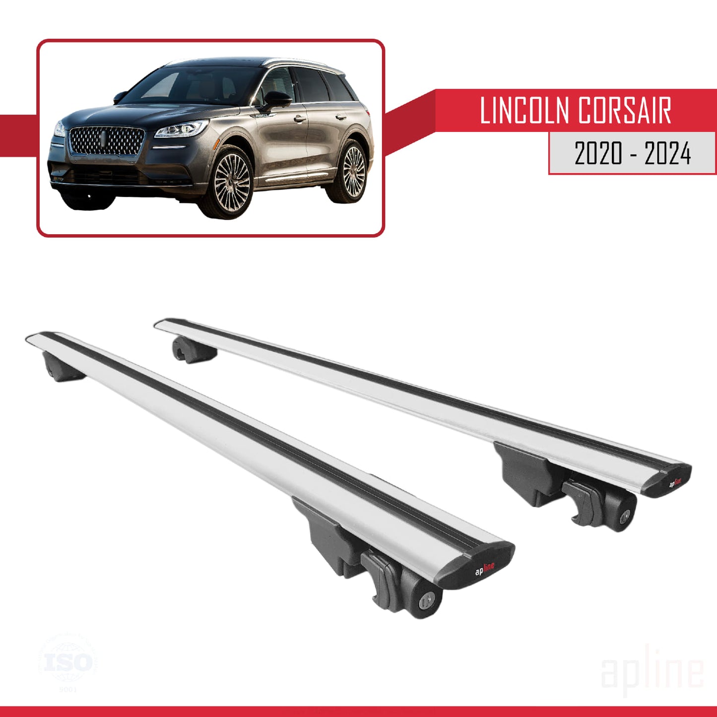 Compatible with Lincoln Corsair 2020-2024 HOOK Model Car Roof Rack Cross Bar Grey Aluminium 2 Bars
