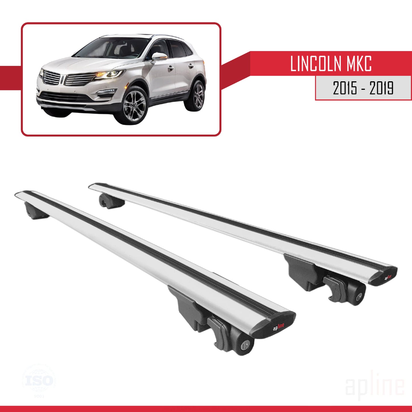 Compatible with Lincoln MKC 2015-2019 HOOK Model Car Roof Rack Cross Bar Grey Aluminium 2 Bars