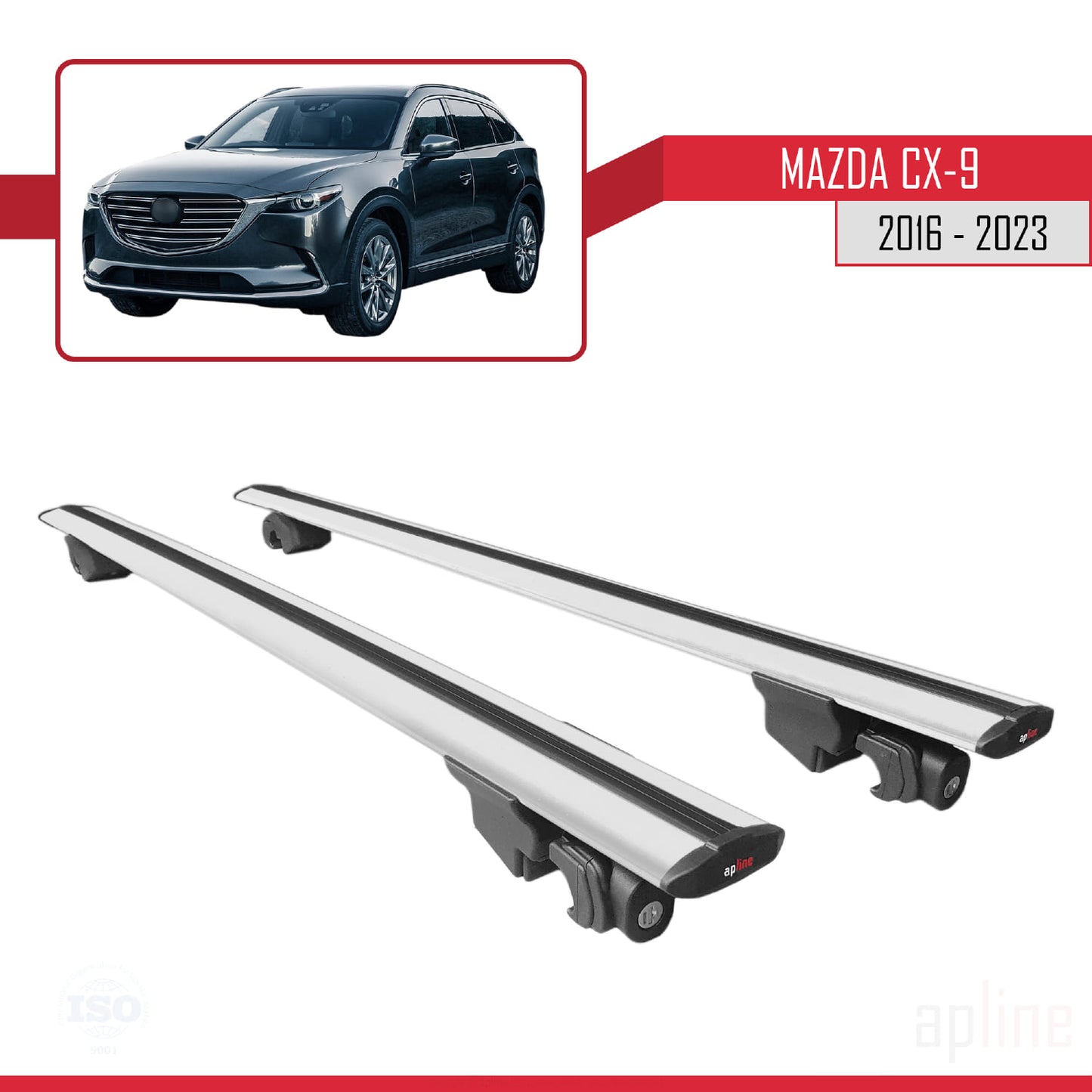Compatible with Mazda CX-9 2016-2023 HOOK Model Car Roof Rack Cross Bar Grey Aluminium 2 Bars