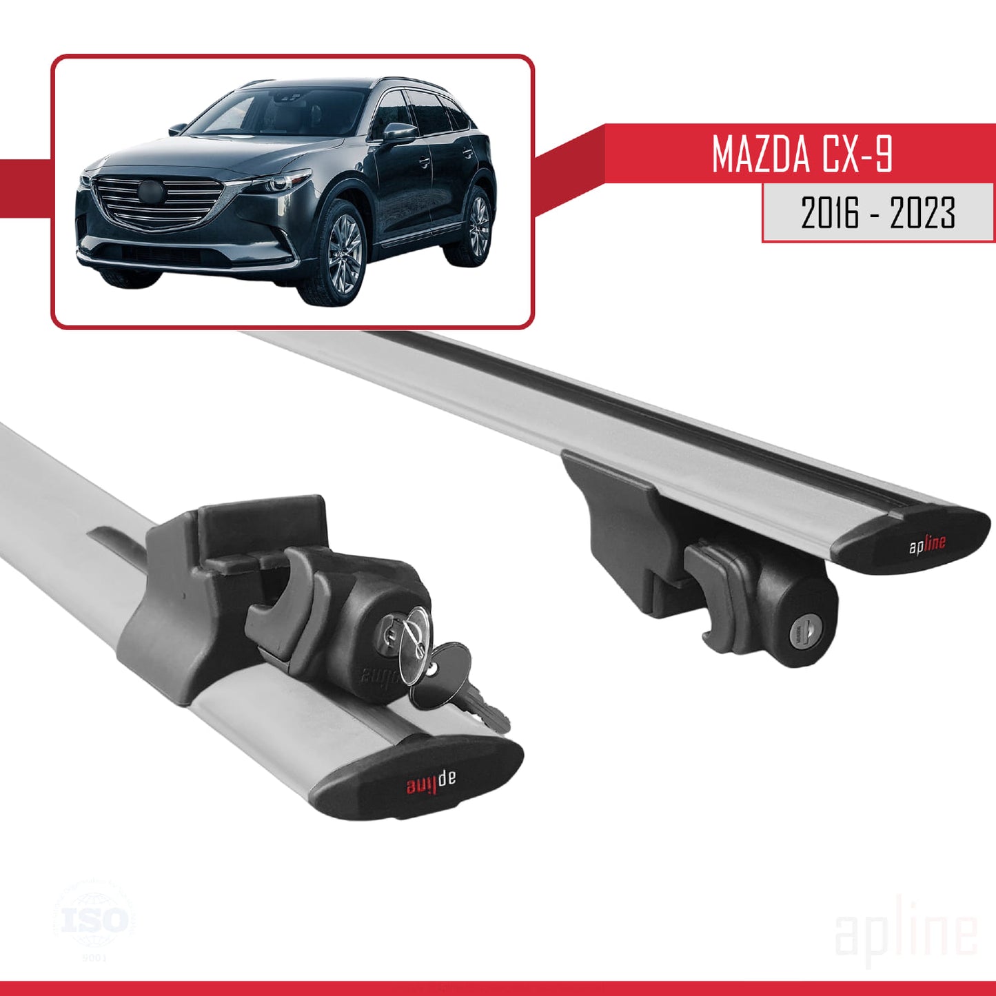 Compatible with Mazda CX-9 2016-2023 HOOK Model Car Roof Rack Cross Bar Grey Aluminium 2 Bars