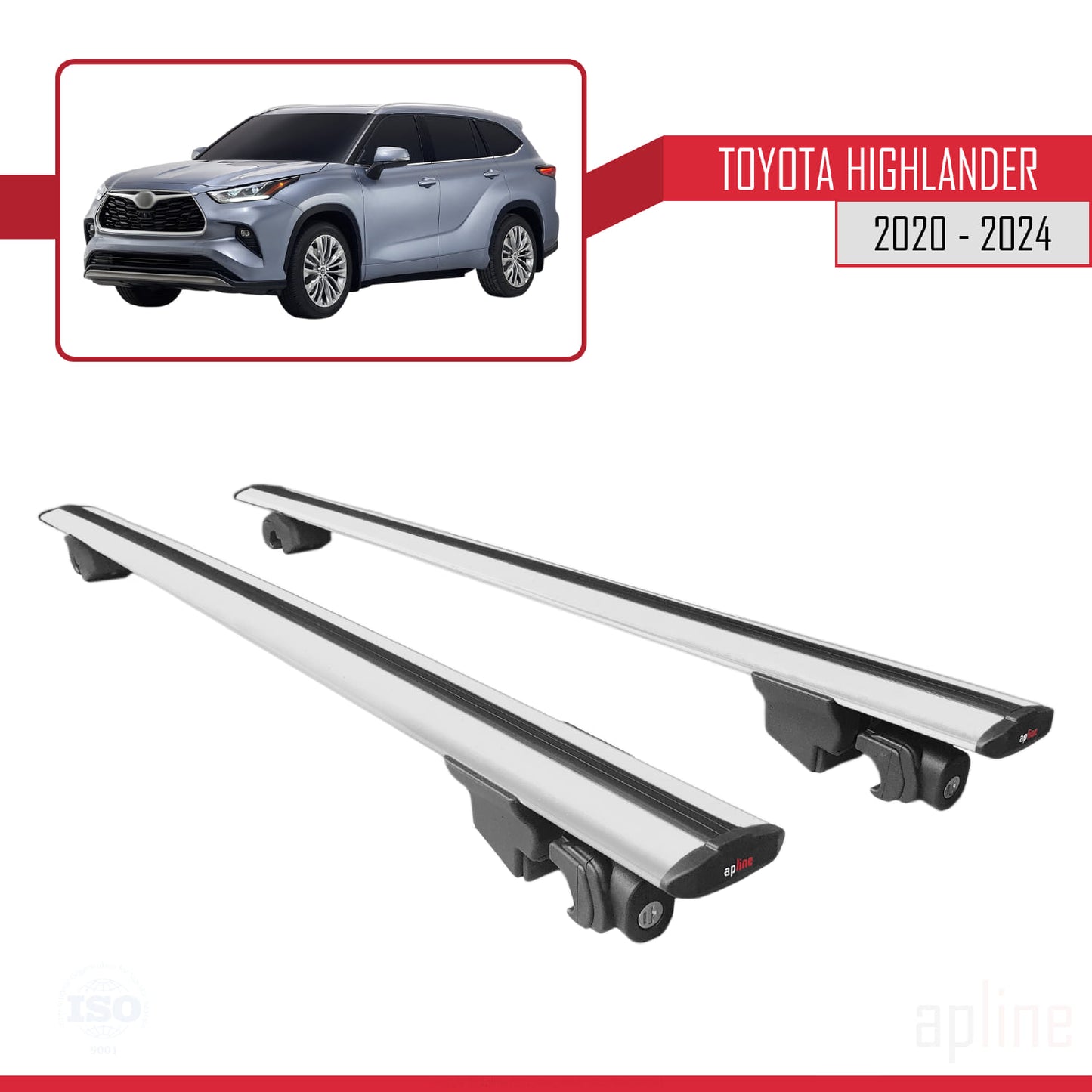 Compatible with Toyota Highlander 2020-2024 HOOK Model Car Roof Rack Cross Bar Grey Aluminium 2 Bars