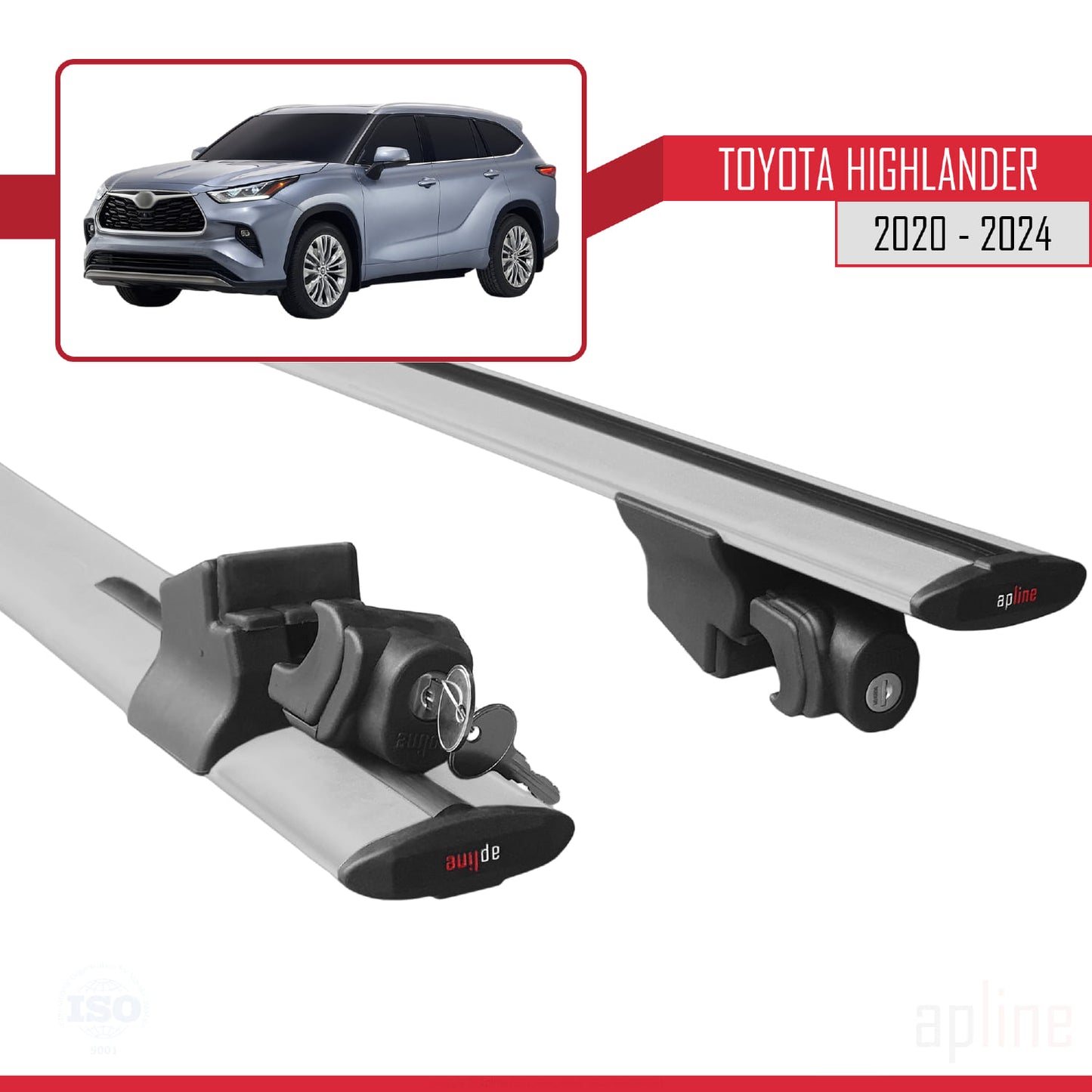 Compatible with Toyota Highlander 2020-2024 HOOK Model Car Roof Rack Cross Bar Grey Aluminium 2 Bars