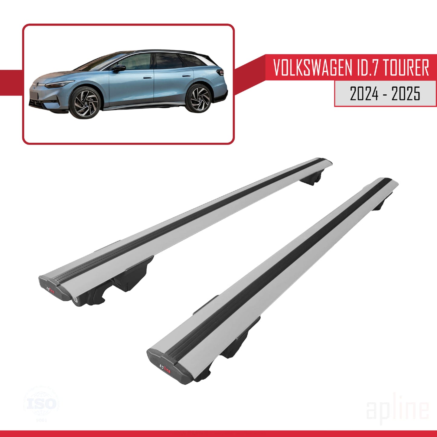 Compatible with Volkswagen ID.7 Tourer 2024-2025 HOOK Model Car Roof Rack Cross Bar Grey Aluminium 2 Bars